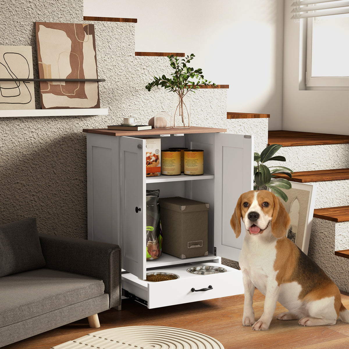 Pet Feeding Station, Dog Food Storage Cabinet w/ Raised Dog Bowls, Adjustable Panel, Hooks for Medium Dogs, White