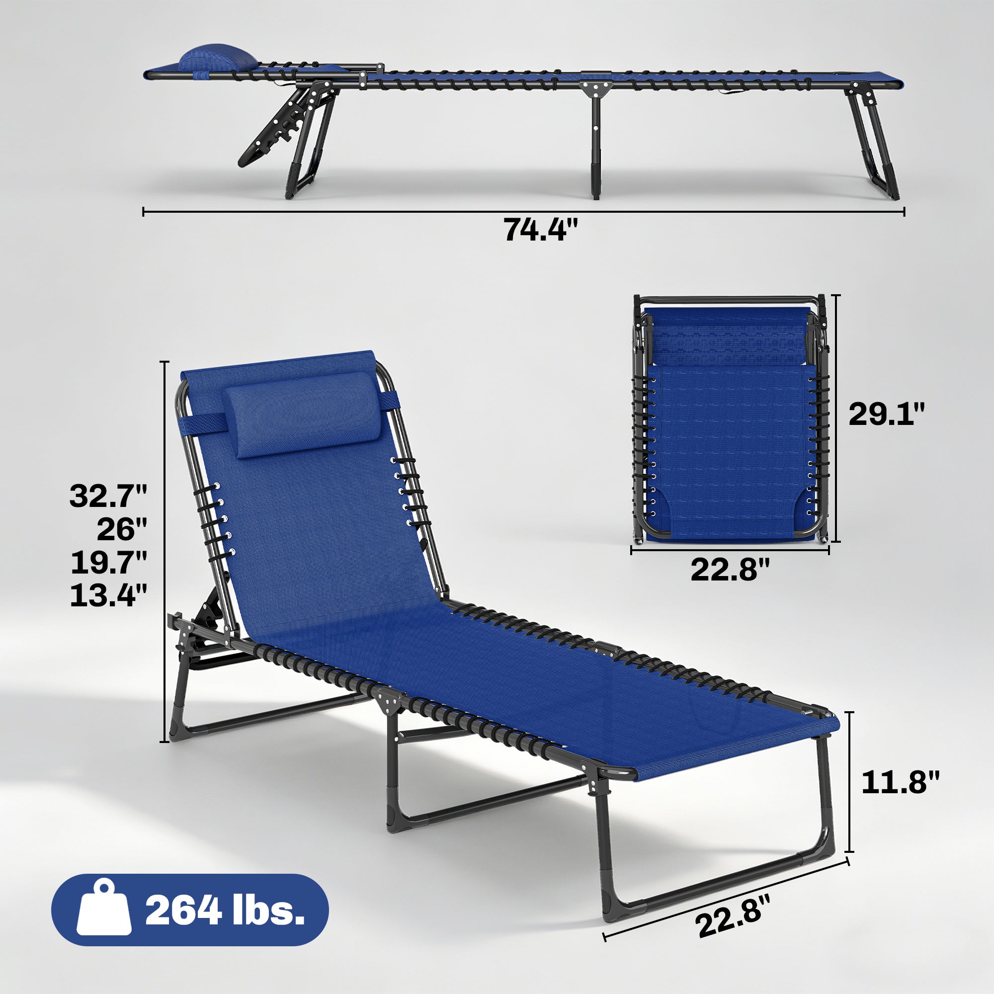 2 Folding Chaise Lounge Pool Chairs with 4-Position Reclining Back, Pillow, Breathable Mesh & Bungee Seat, Blue