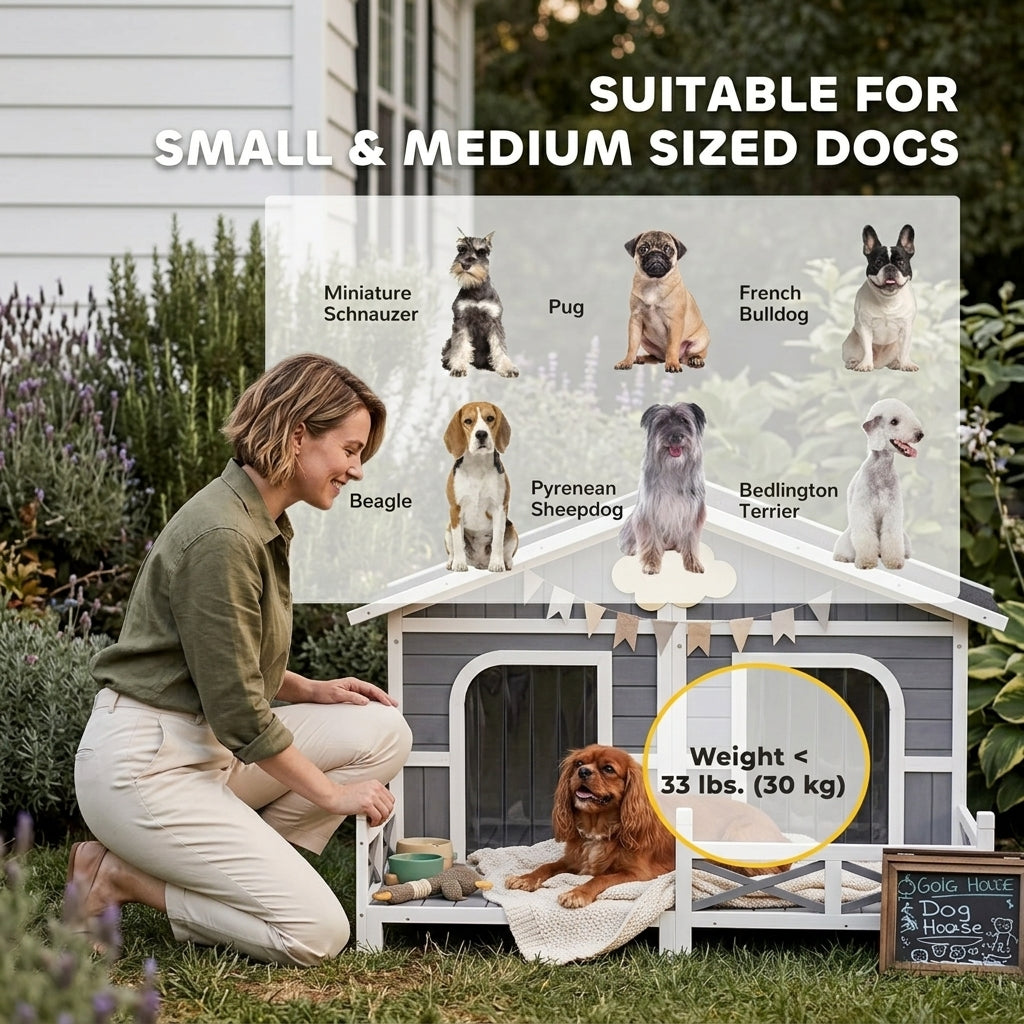 Dog House Outdoor, Wooden Dog Kennel Weatherproof with Porch, Openable Roof, Removable Bottom, Elevated Floor, Double Room for 2 Small to Medium Breeds, Gray
