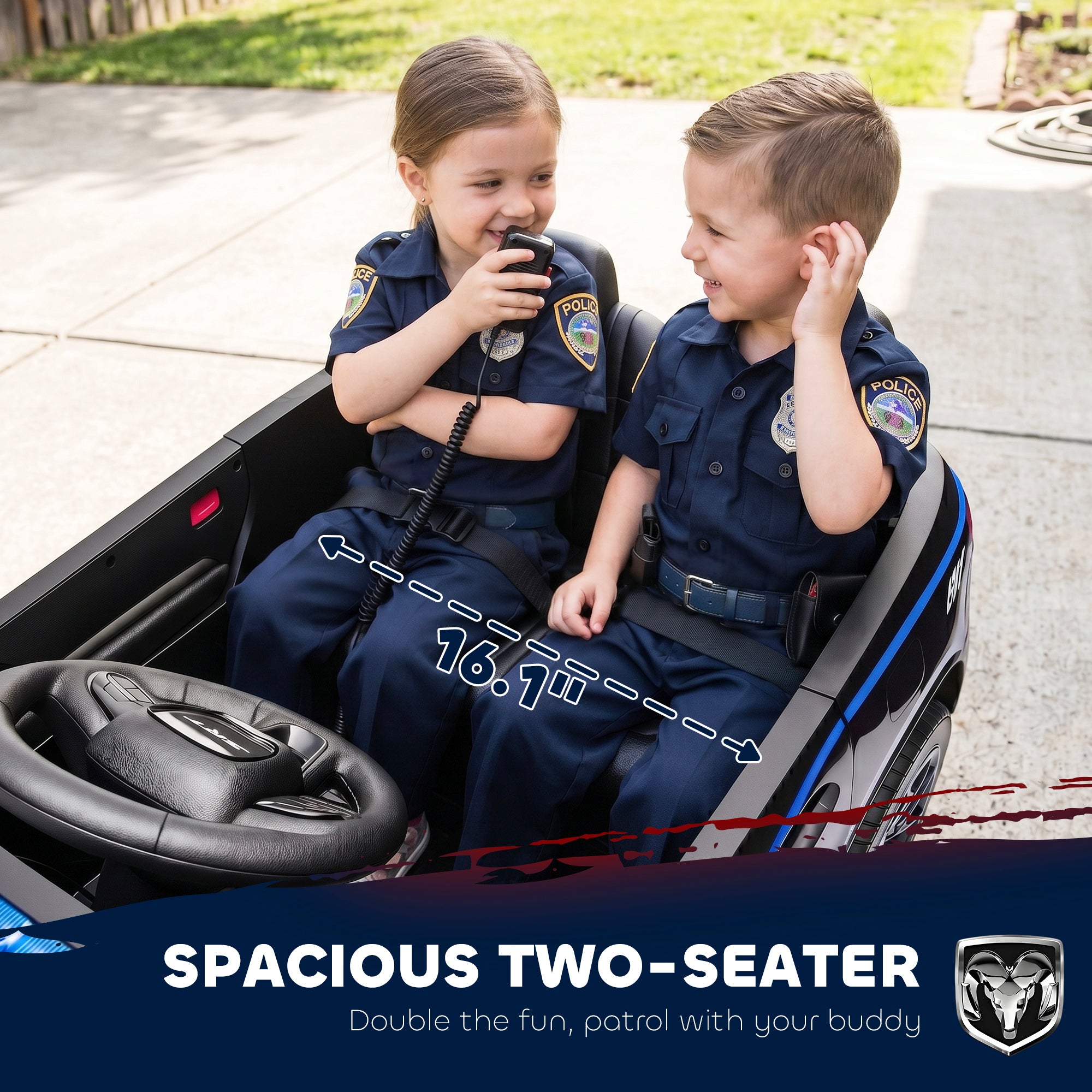 Licensed Ride On Police Car for Kids with 2 Seater, Remote, Suspension, Flashing Lights, Siren for Ages 3-6, Black