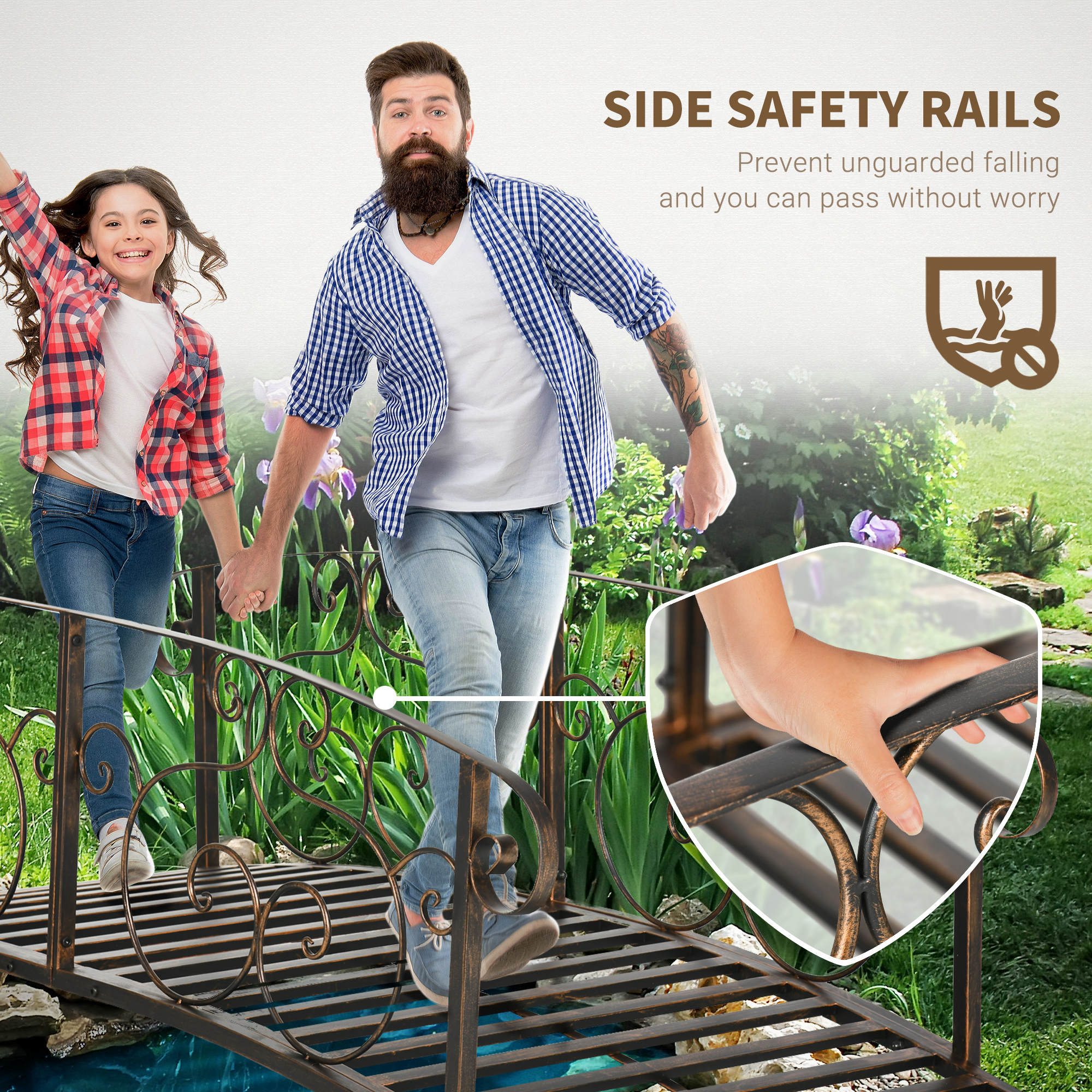 6' Metal Arch Backyard Garden Bridge, Safety Siderails, Arc Footbridge for Backyard Creek, Stream, Pond, Bronze