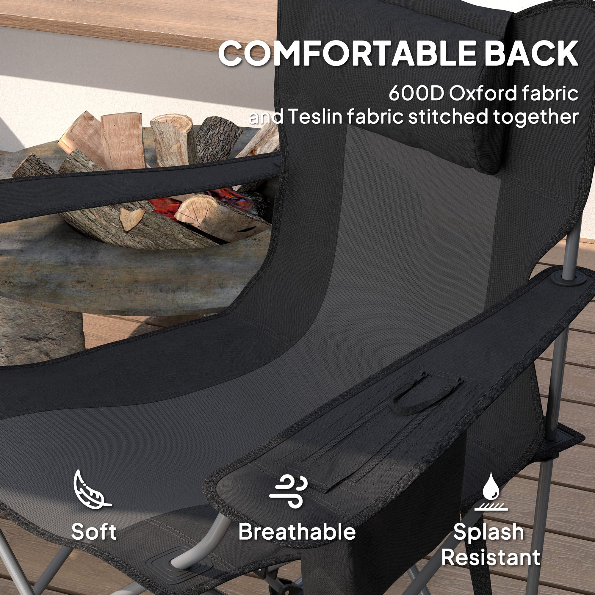 Folding Rocking Camping Chairs, Portable Chairs with Headrest, Cooler Bag, Cup Holder, Carry Bag, 2 Pack, Black