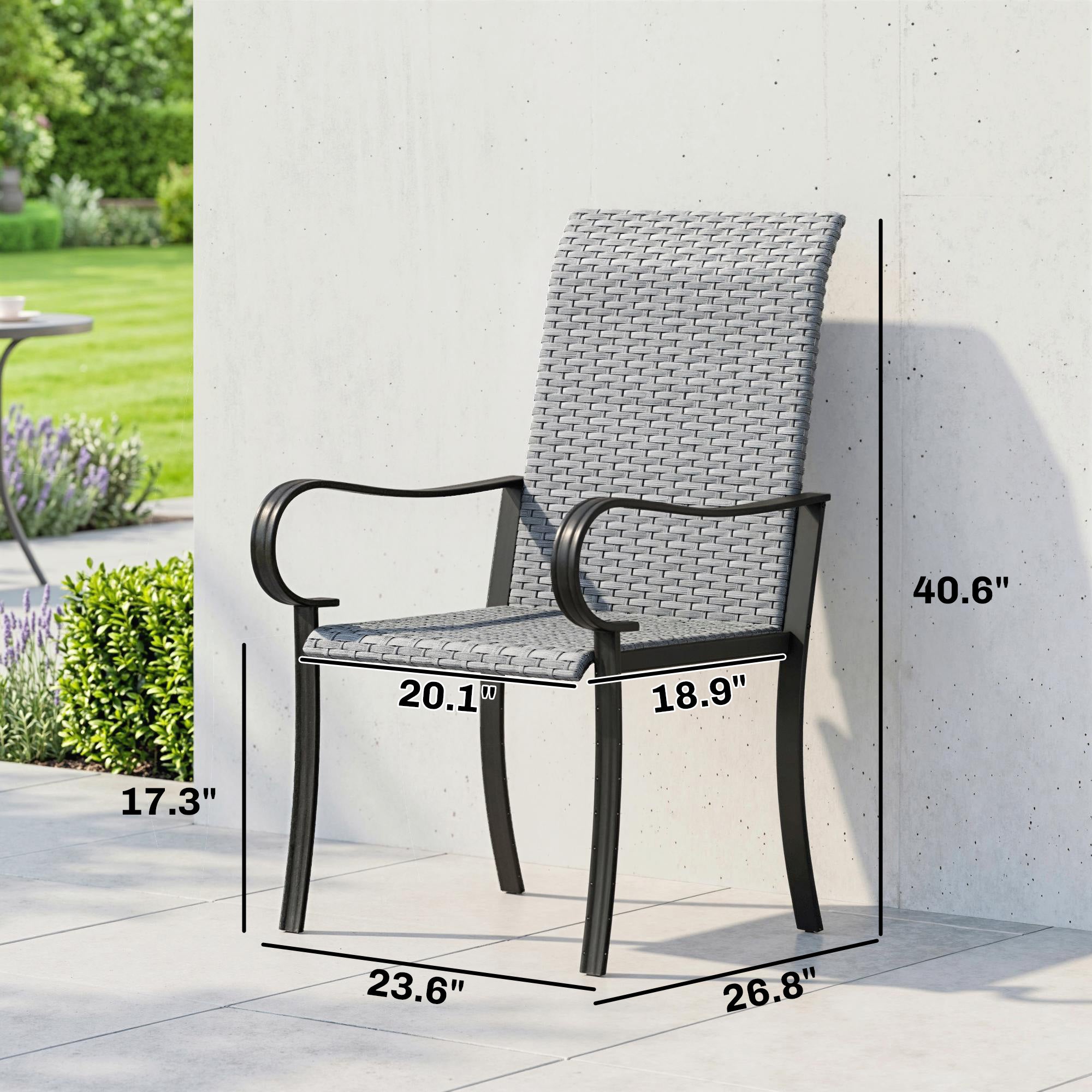 Set of 4 Outdoor Wicker Dining Chairs with Armrest, Steel Frame, High Back and Deep Seating, Gray