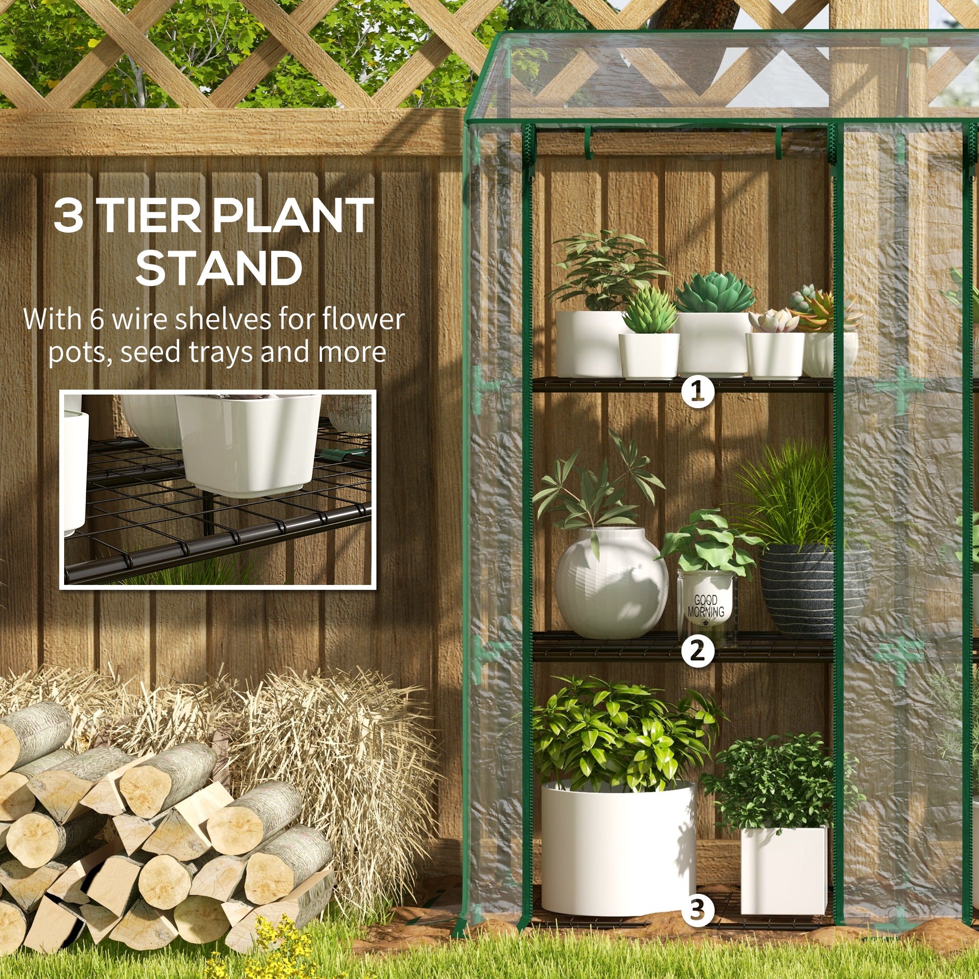 Lean-to Greenhouse, Portable Greenhouse with 3 Tier Shelves, 2 Roll-Up Zippered Doors, 56.3" x 18.1" x 59.4", Clear