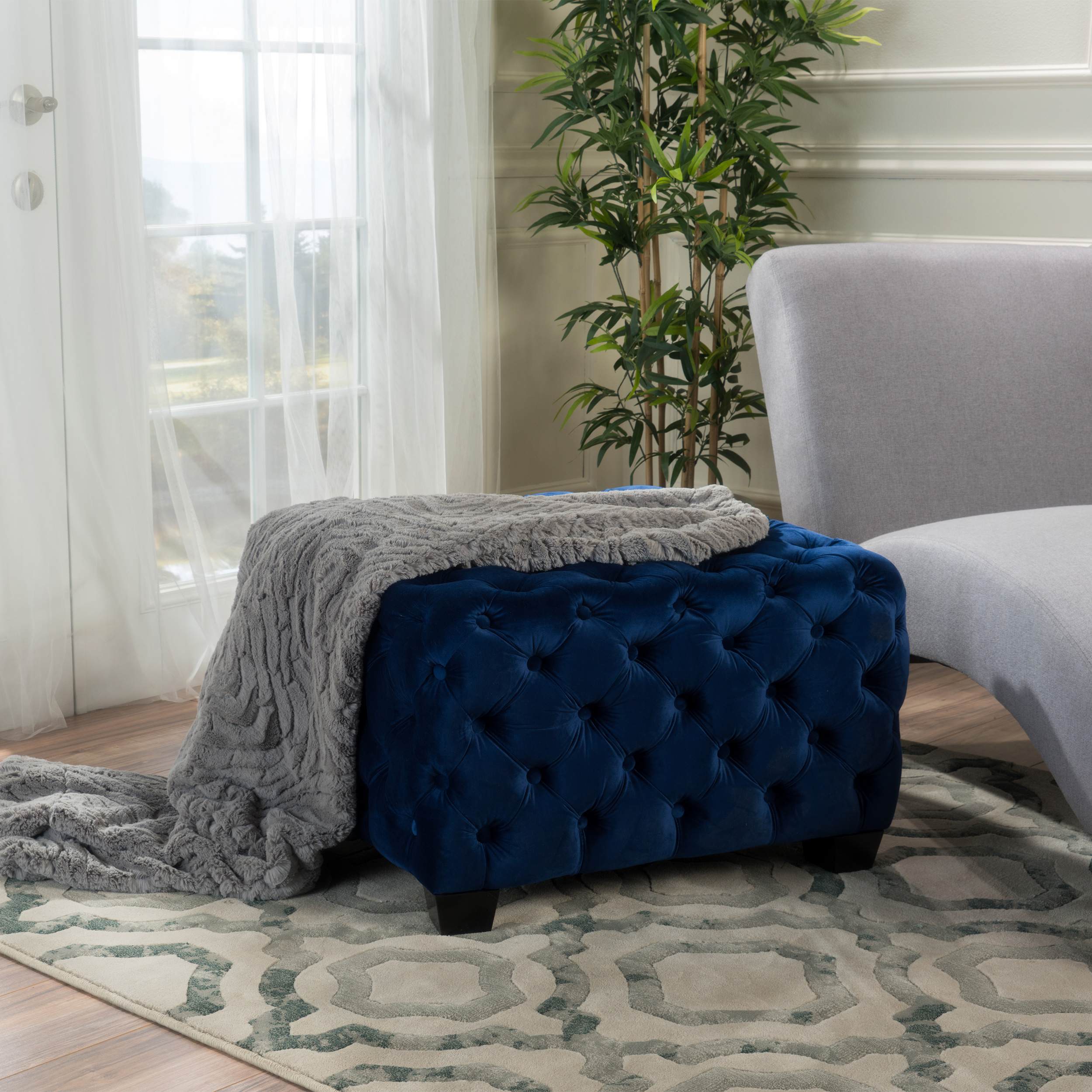 Velvet Ottoman with Cushioned Top, Sturdy Frame, and Space-Saving Design, 29" L x 29" W x 18.25" H, Navy Blue