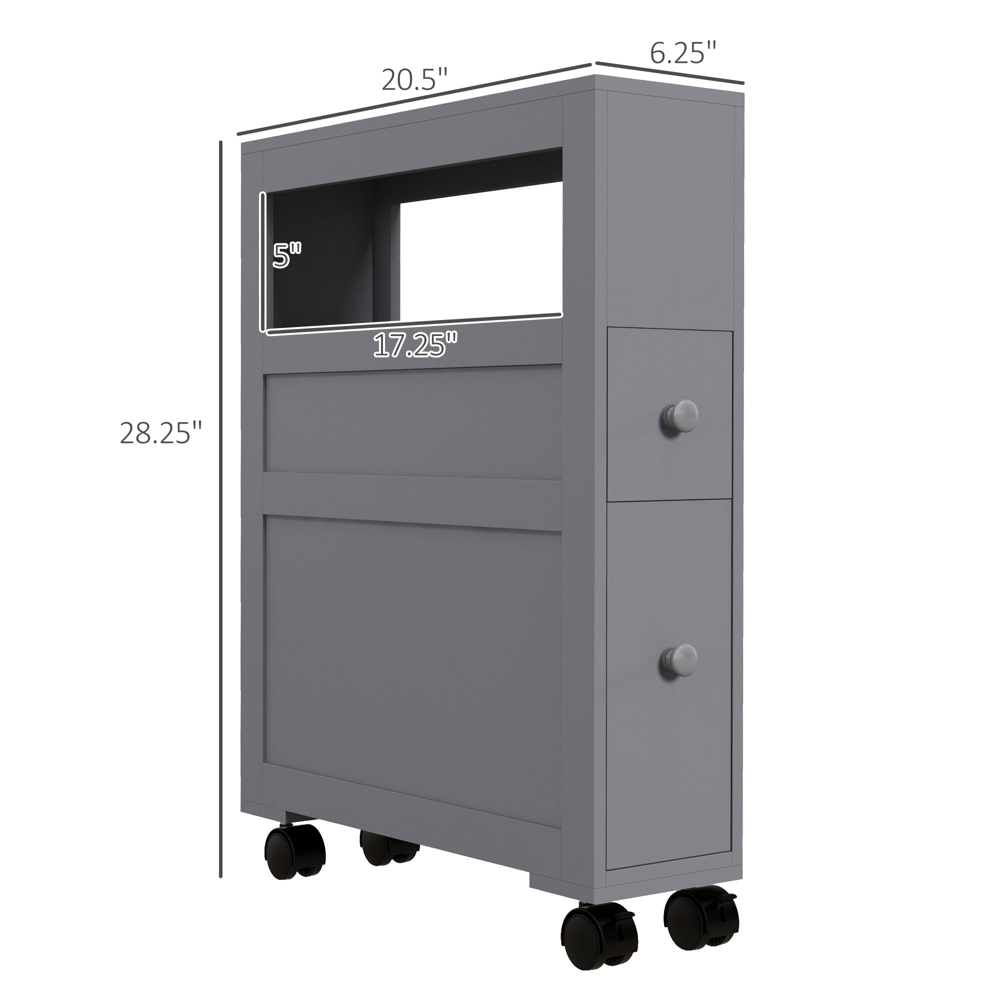Space Saving Narrow Bathroom Storage Cabinet, Bath Toilet Paper Holder with Drawers and Rolling Wheels, Gray