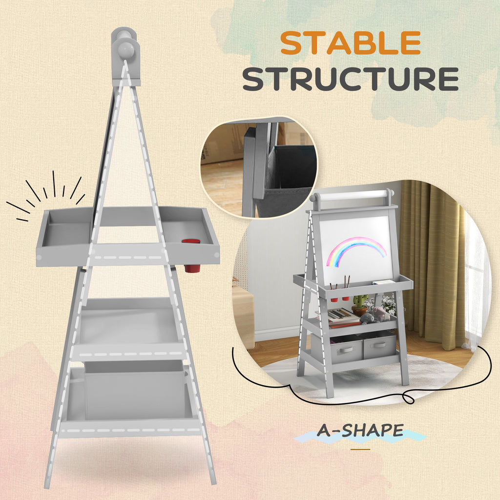 Double Sided Easel for Kids, Standing Toddler Easel with Paper Roll, Magnetic Whiteboard, Chalkboard & Storage, Gray