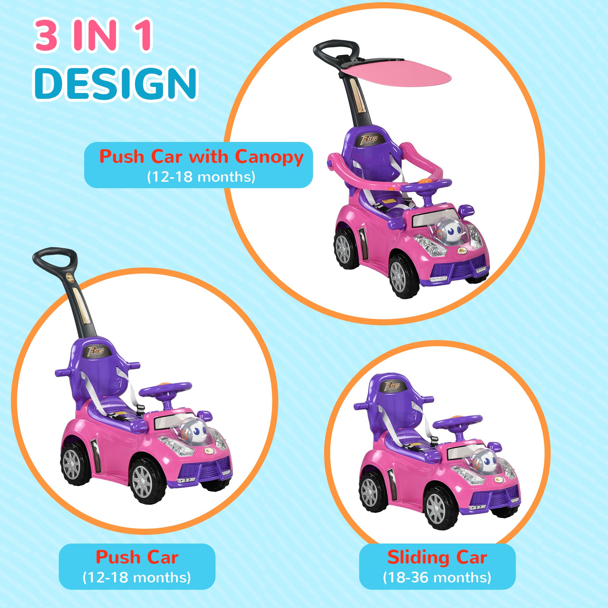 3 in 1 Push Car Sliding Car with Removable Handle, Music, Horn, Canopy, Safety Guardrail, Pink