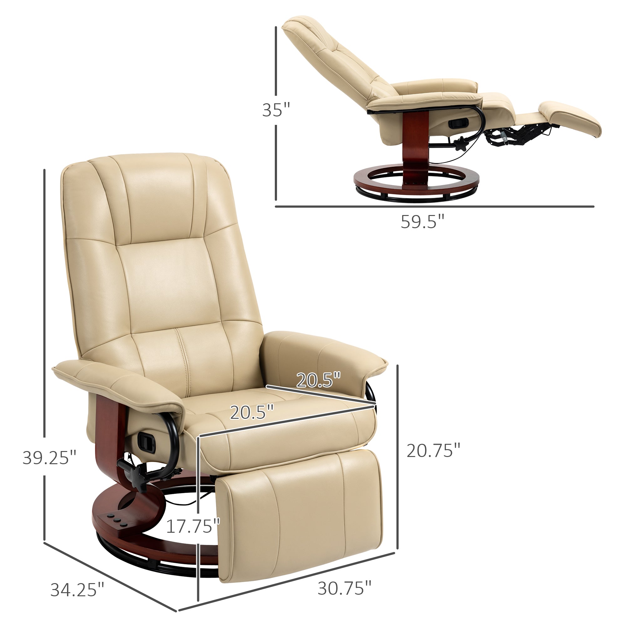 Air Leather Manual Recliner, Adjustable Swivel Lounge Chair with Footrest, Armrest and Wrapped Wood Base, Cream White