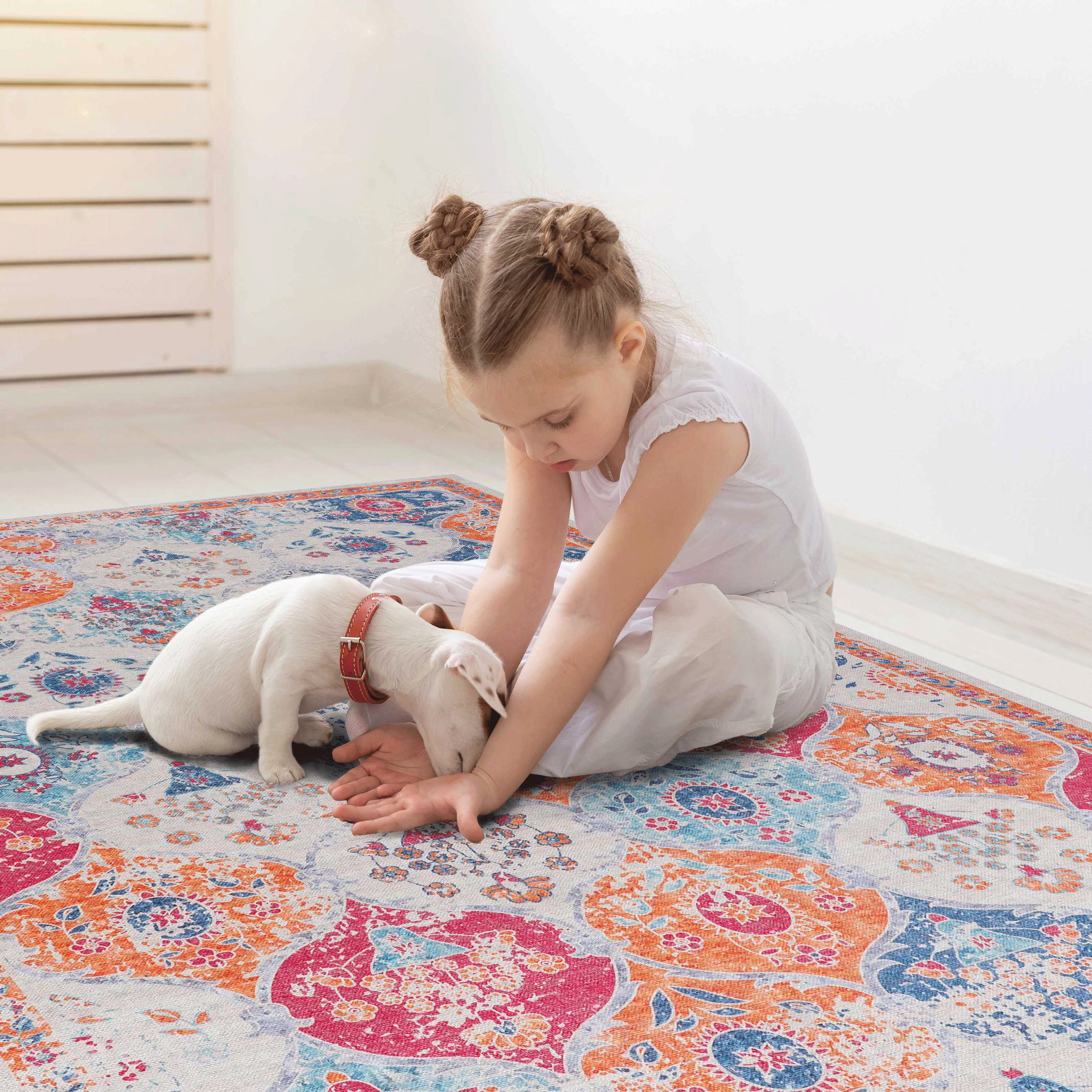2x3 Kid and Pet Friendly Machine Washable Area Rug, Low-Pile, Non-Slip, Non-Shedding, Foldable Bath Mats for Bathroom, Living Room, Red
