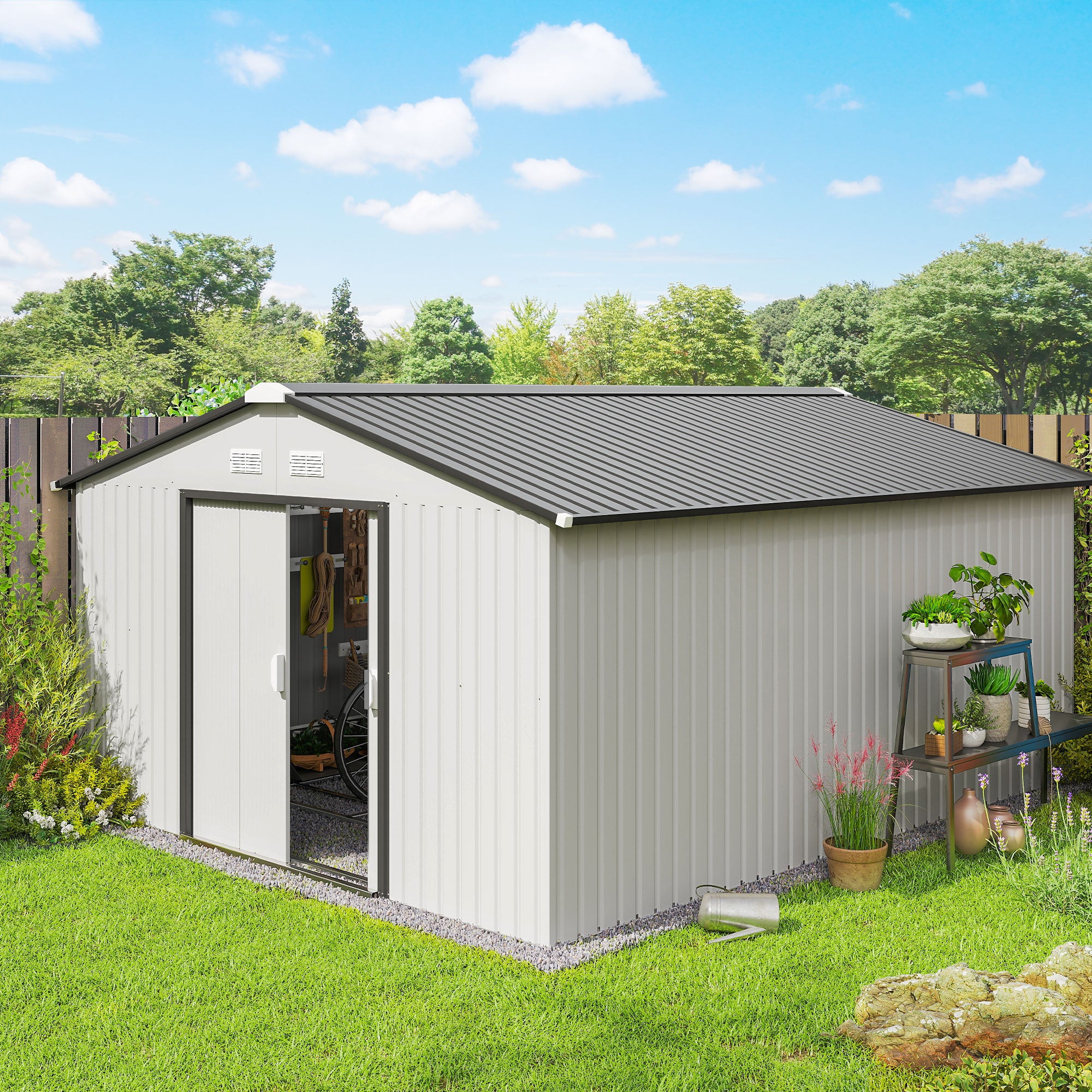 Garden Metal Shed, Storage Shed Utility Storage with Double Locking Doors for Bike, Yard Tools, White