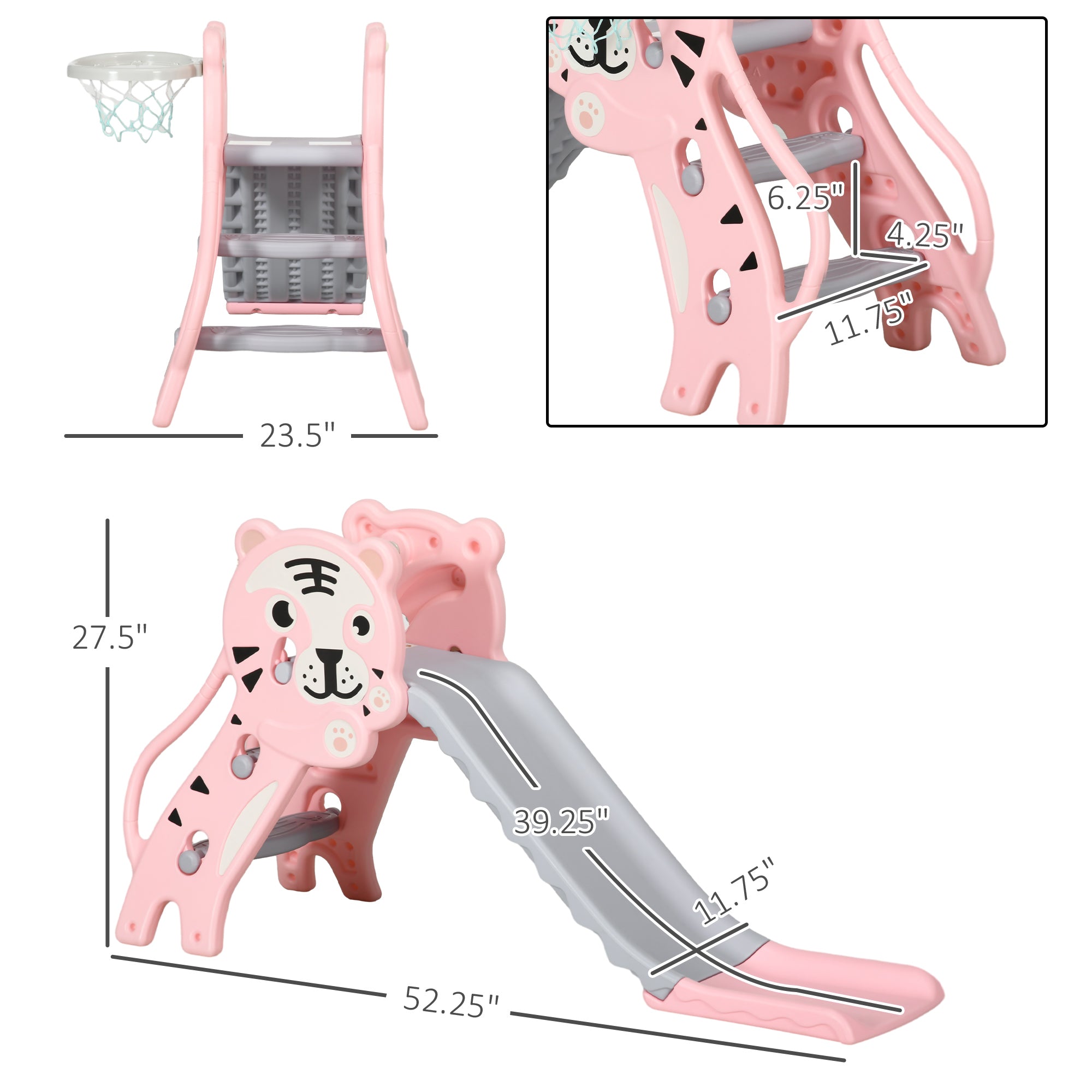 Slide for Kids with Basketball Hoop for Indoor Use, Easy Set Up Baby Slide for Kids 18-36 Months, Pink