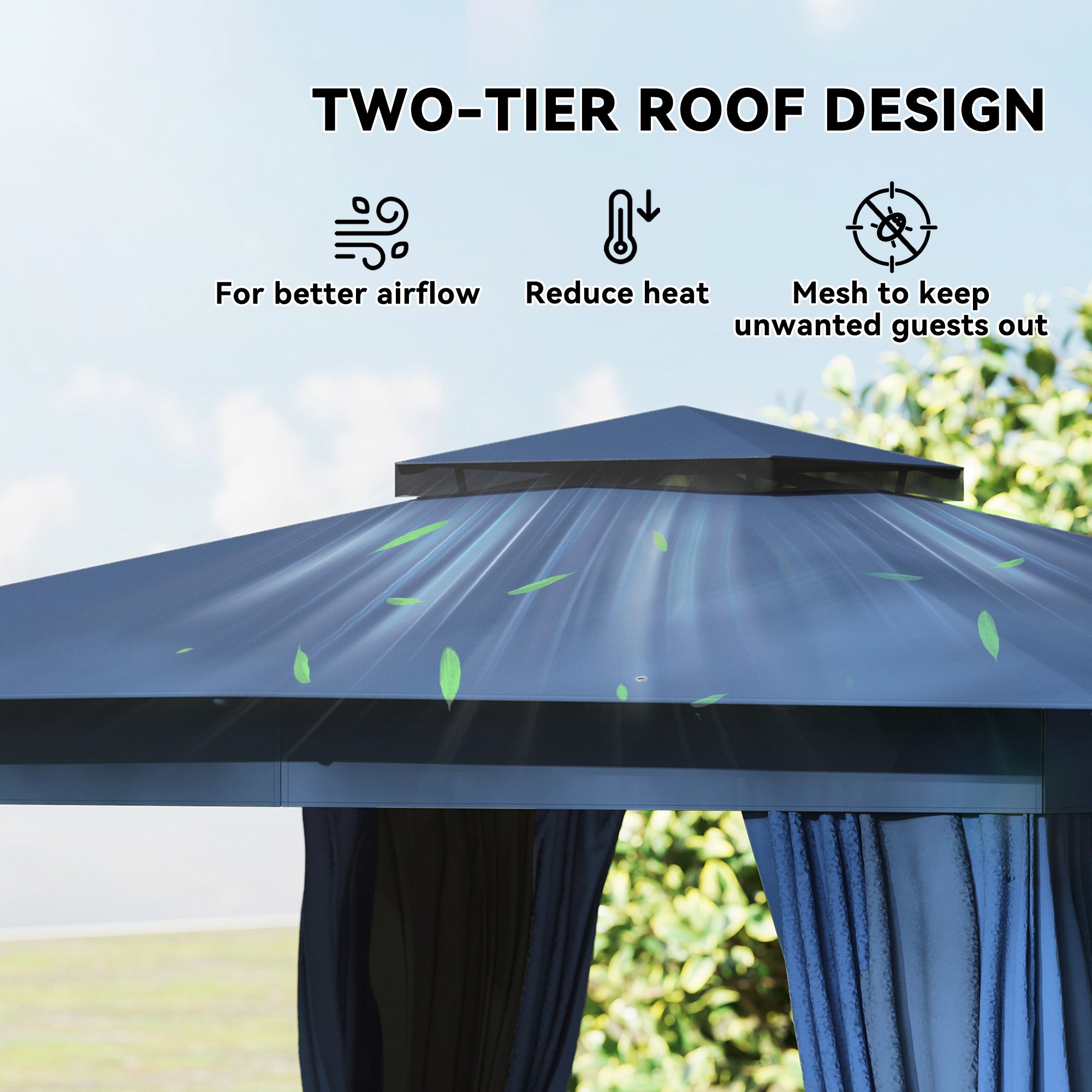 10' x 12' Outdoor Patio Gazebo, Soft Top Gazebo Canopy Shelter with Curtains, Netting, Steel Frame, Hooks, Blue