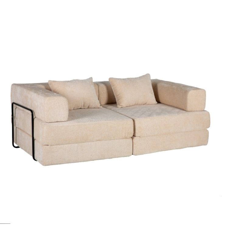 Convertible Sofa Bed Floor Sofa with Fixed-Shape Frame and Chenille Fabric, Compressed Sofa for Living Room, 79" L x 39.5" W x 25" H, Beige