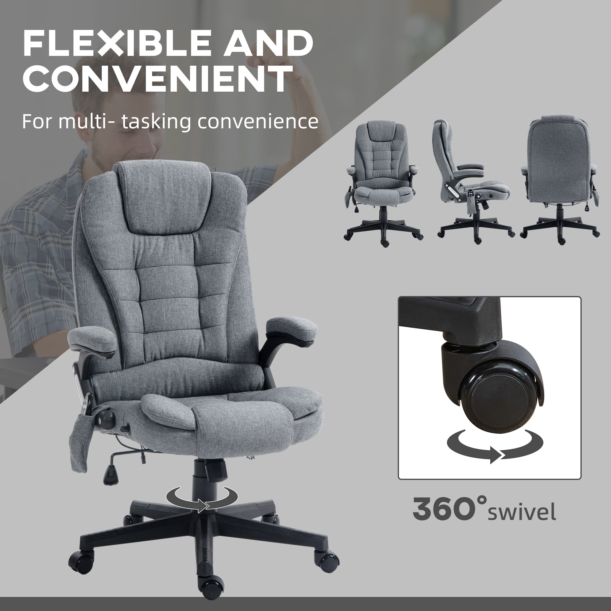 6 Point Vibrating Massage Office Chair with Heat, Linen High Back Massage Desk Chair with Reclining Backrest, Gray