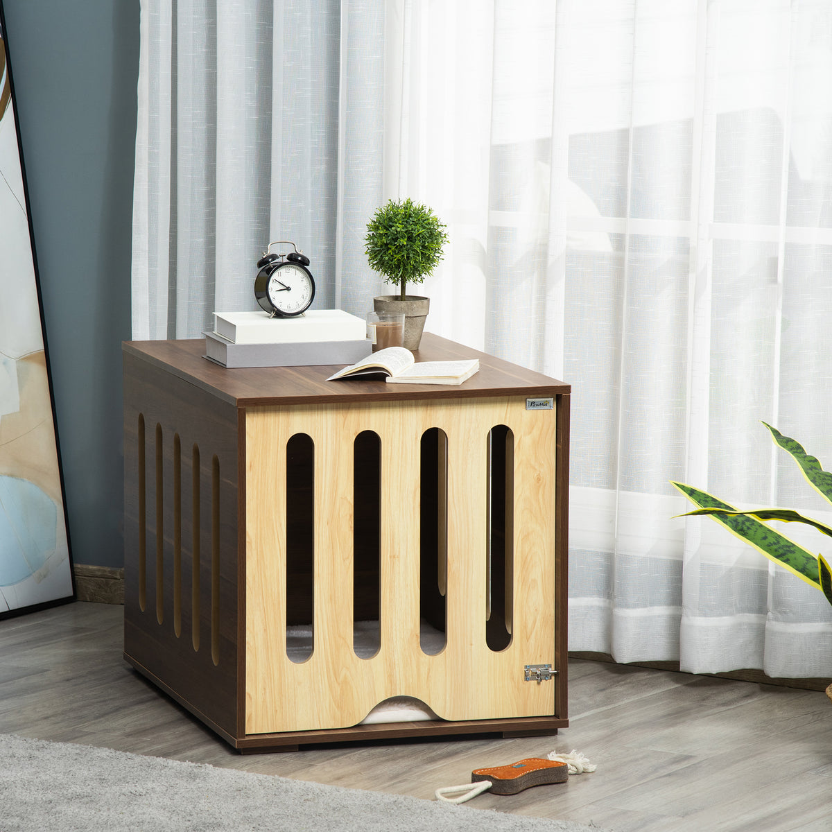 Furniture Style Dog Crate End Table with Removable Door Panel, Dog Crate Bed with Foam Cushion, Safety Lock, Indoor Use, for Small & Medium Dogs, Brown