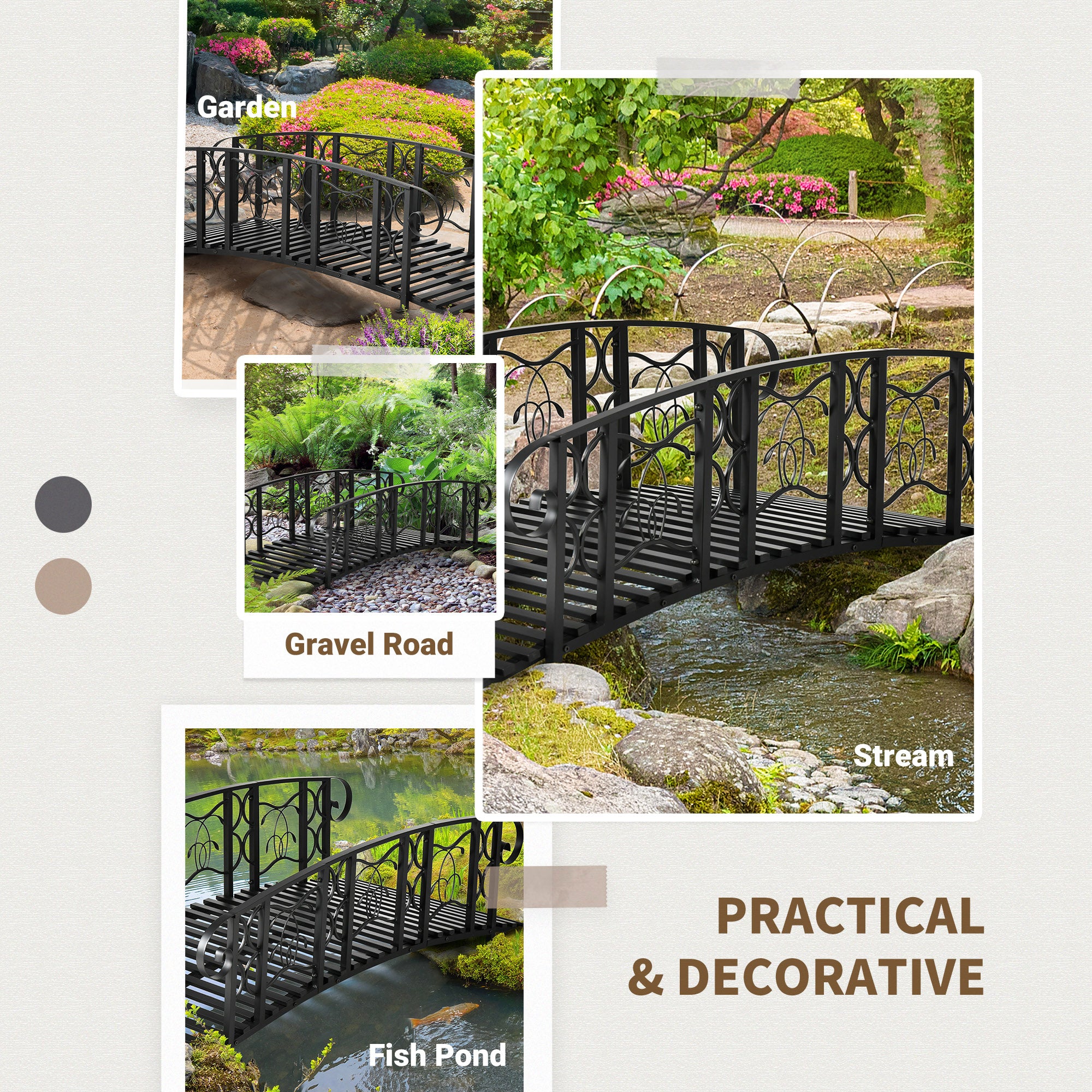 6' Metal Arch Backyard Garden Bridge with 660 lbs. Weight Capacity, Safety Siderails, Vine Motifs, Easy Assembly for Backyard Creek, Stream, Pond, Black