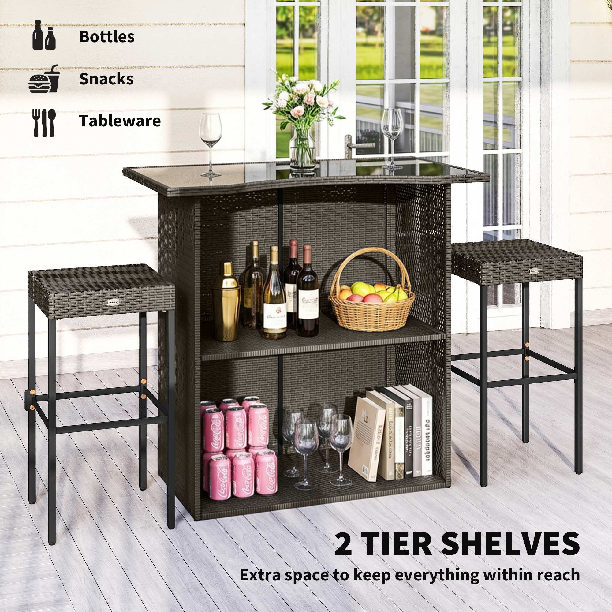 5 Piece Rattan Wicker Bar Set, High Top Outdoor Table and Chairs, Bar Height Patio Set, 2 Shelves & 4 Bar Stools, Brown