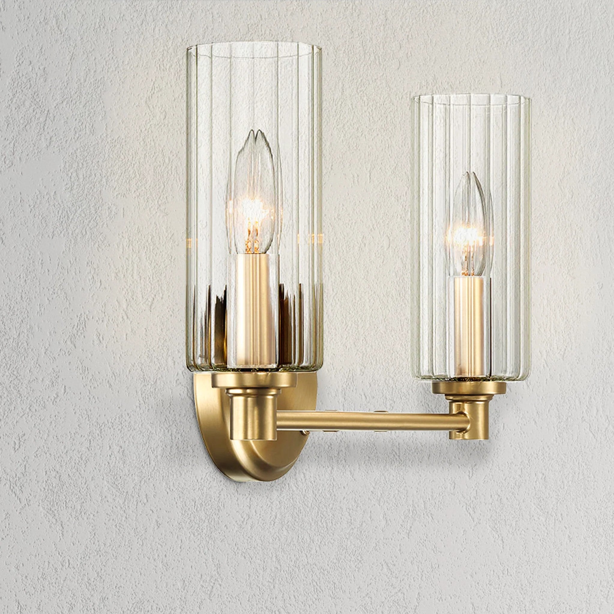 Regal Double Light Vanity with Clear Ribbed Glass, Satin Brass Finish, 15" L x 5" W x 10" H, Antique Brass+Clear