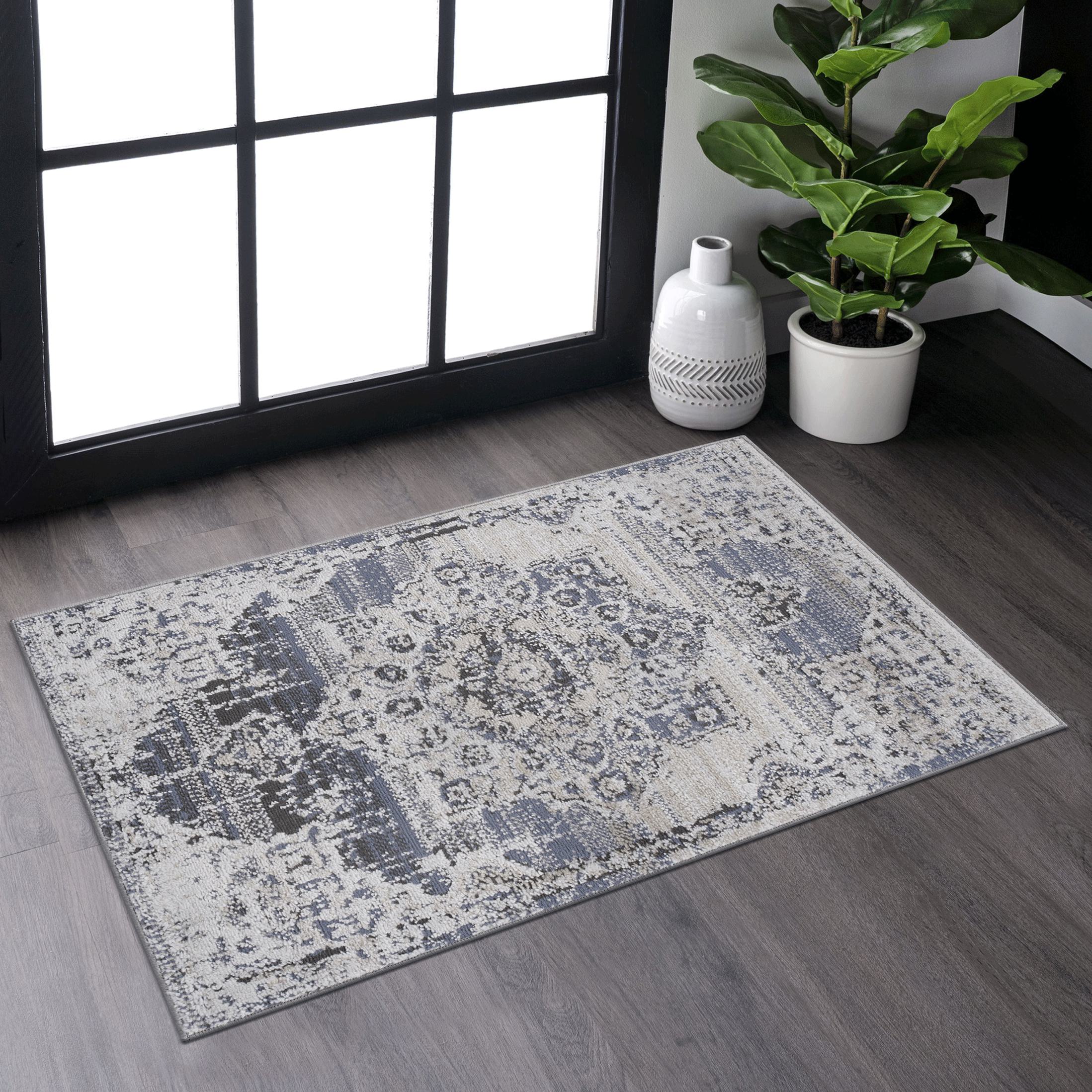 2x3 Stain-Resistant Area Rug with Cotton Backing, Medium Pile Height, Kid and Pet-Friendly Bathmat, 36" L x 24" W x 0.3" H, Cream+Blue
