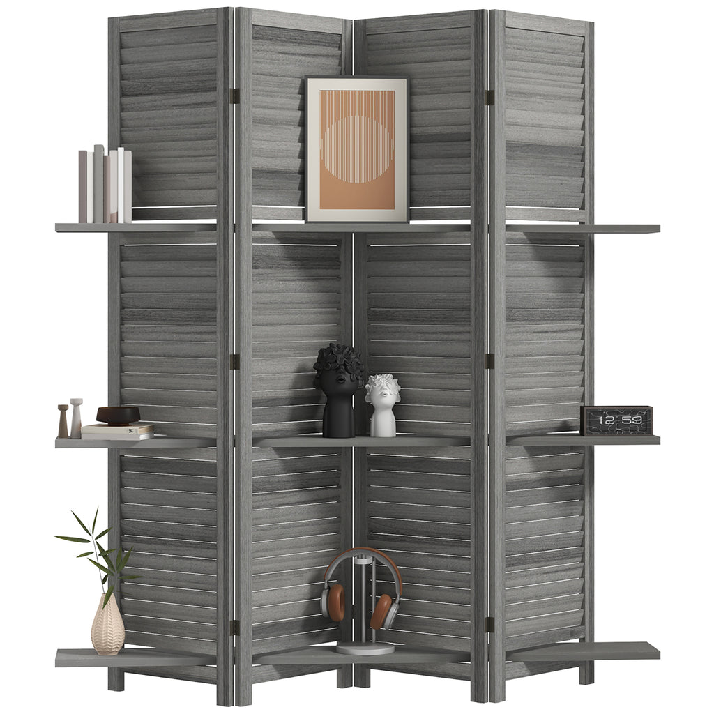 4 Panel 67" Tall Wood Privacy Screen Room Divider with 3 Shelves and Folding Storage for Bedroom, Gray