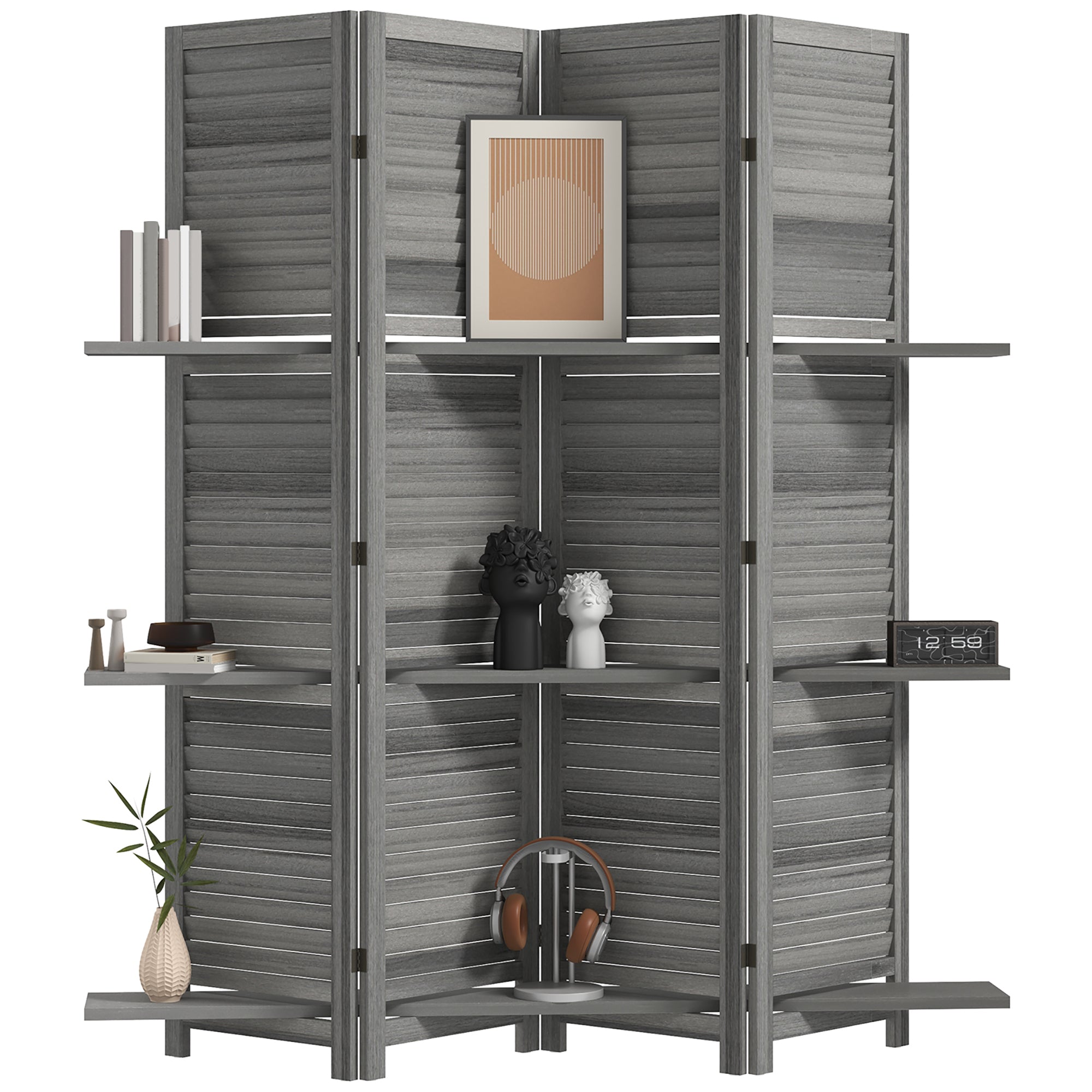 4 Panel 67" Tall Wood Privacy Screen Room Divider with 3 Shelves and Folding Storage for Bedroom, Gray