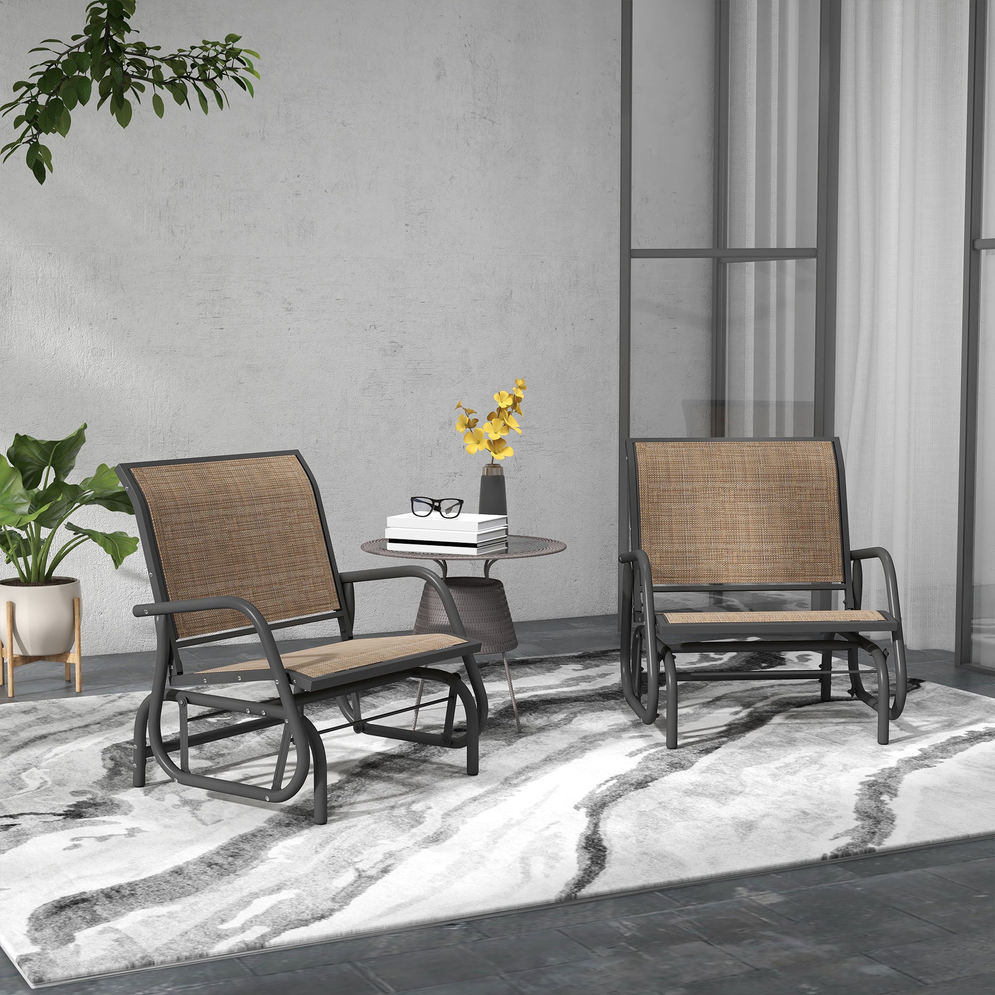 2 Pieces Outdoor Glider Chair, Steel Swing Chai with Curved Armrests for Porch, Garden, Poolside, Balcony, Mixed Brown