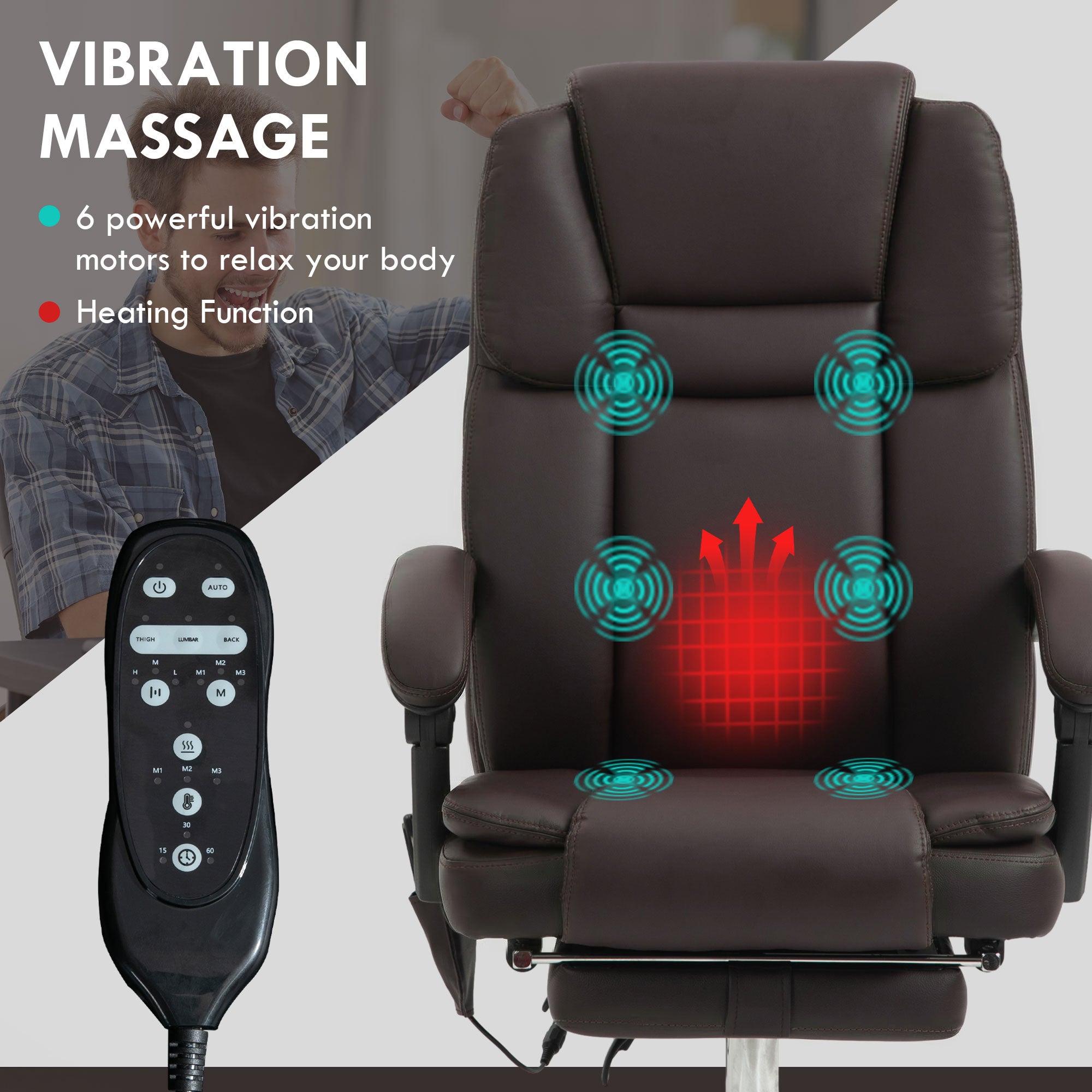 6 Point Vibration Massage Office Chair, PU Leather Reclining Computer Chair with Adjustable Height, Brwon