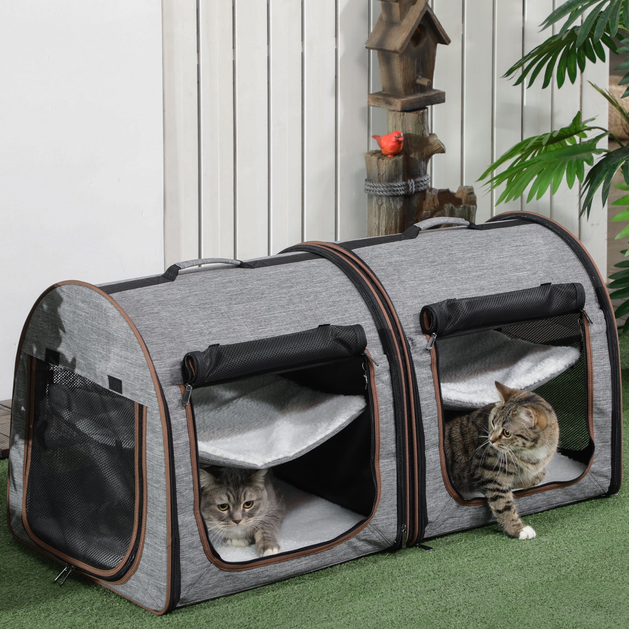 39" Portable Soft-Sided Pet Cat Carrier with Divider, Two Compartments, Soft Cushions, & Storage Bag, Gray