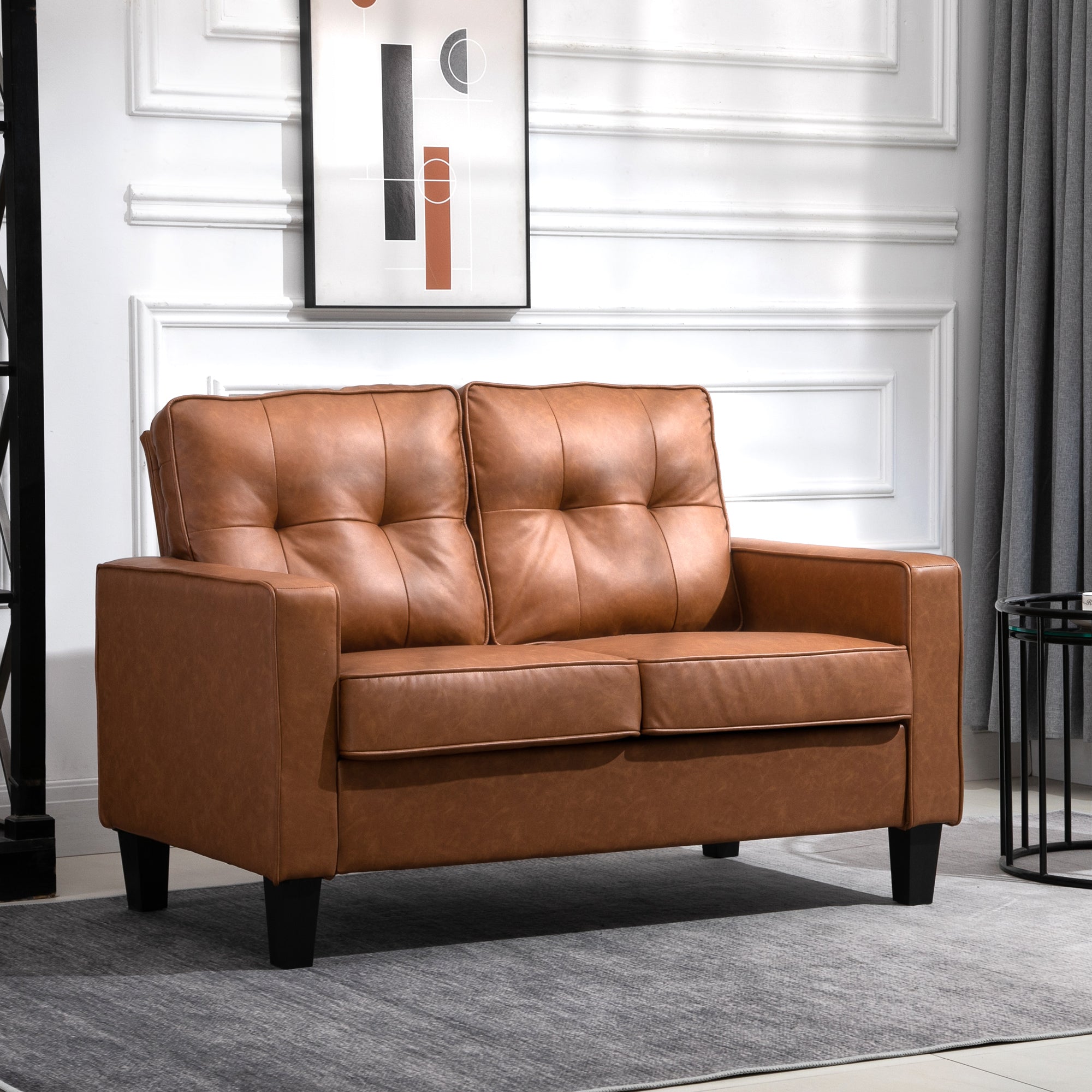 51" Wide Loveseat with Armrest, 2-Seater Tufted PU Leather Double Sofa, Brown