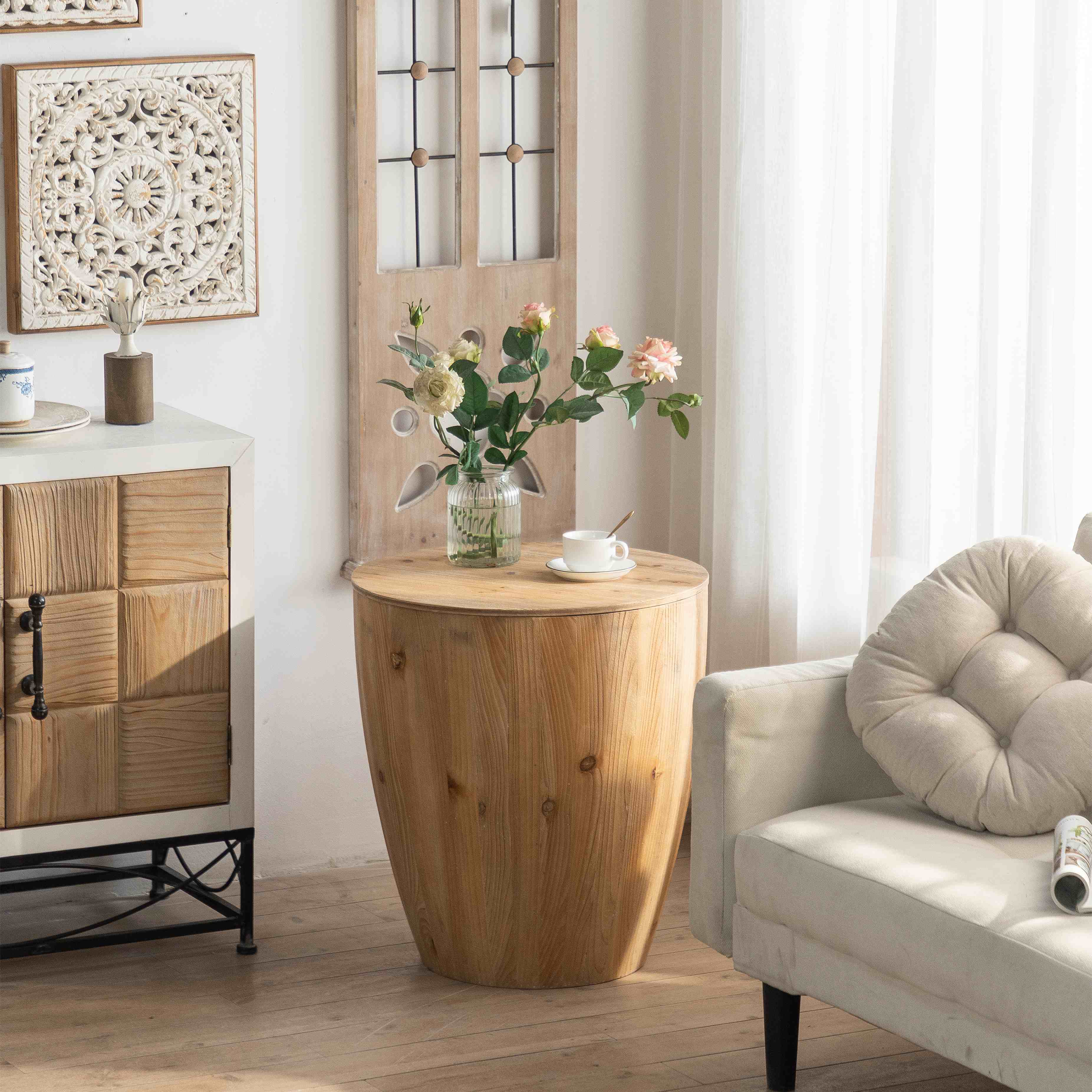 Vintage Style Barrel Shaped Coffee Table with Storage, Solid Fir Wood, 21.06" x 21.06" x 23.43", Natural