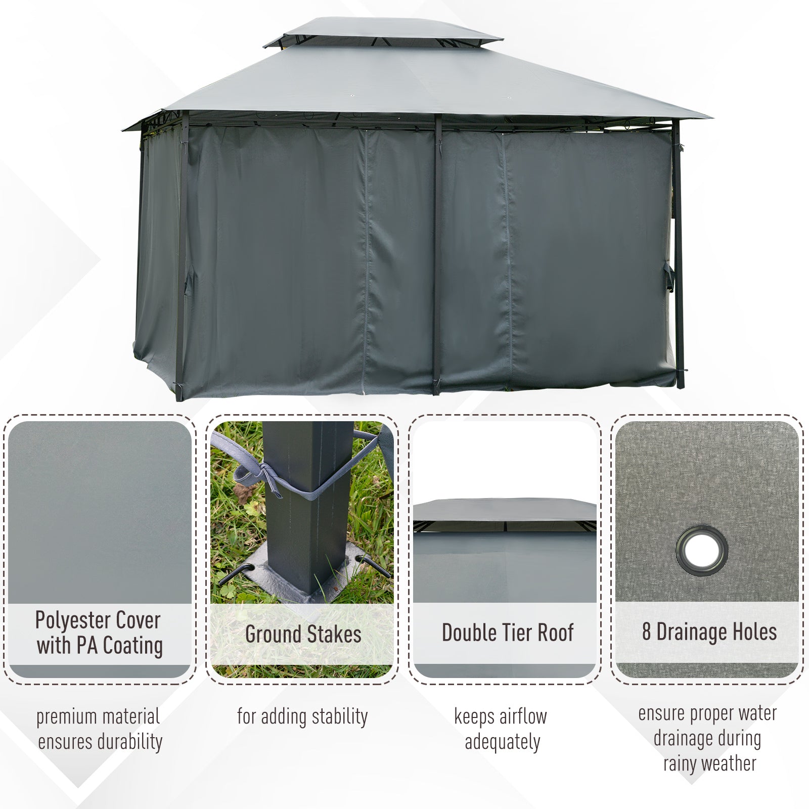 10' x 13' Outdoor Soft Top Gazebo Pergola with Curtains, 2-Tier Steel Frame Gazebo for Patio, Sage Gray