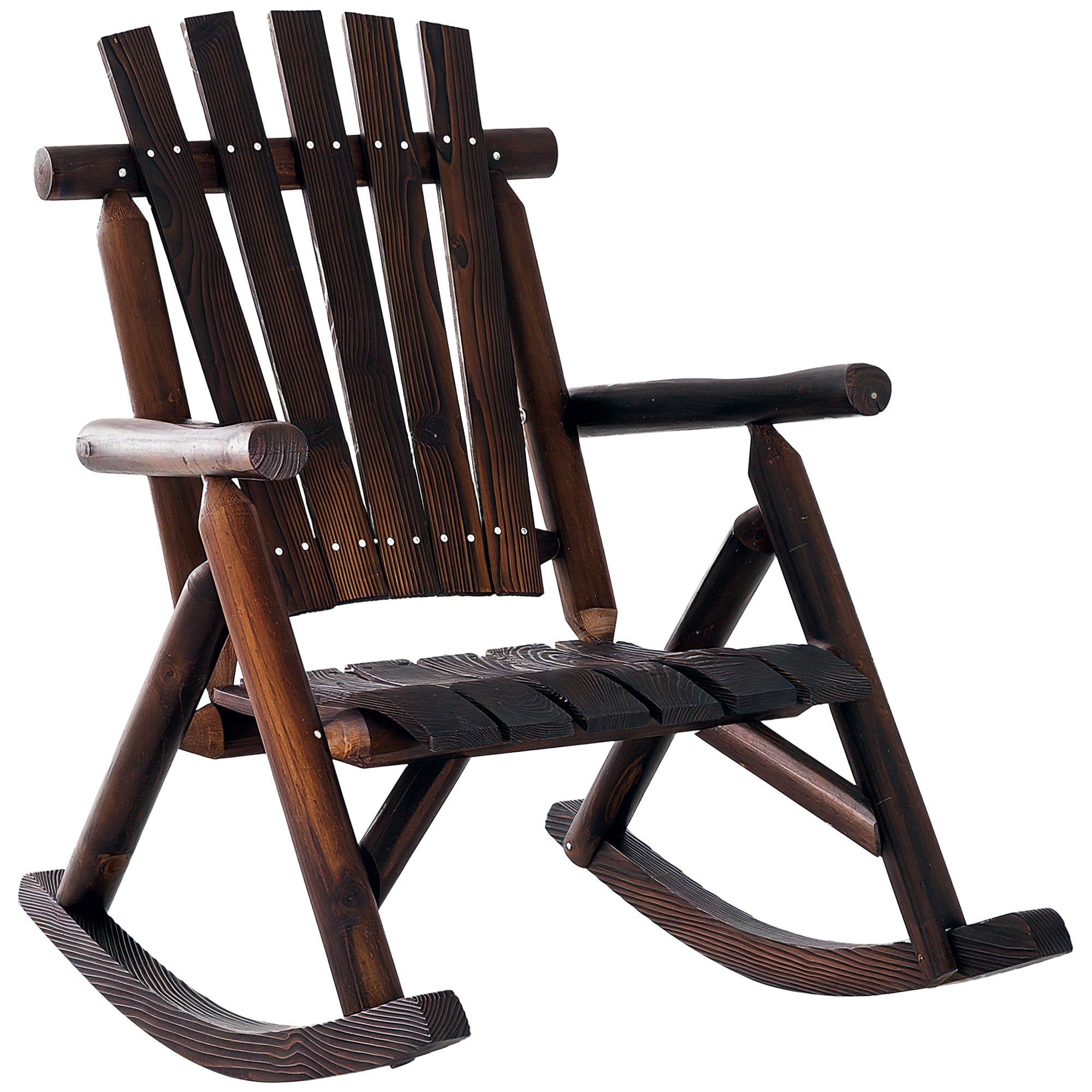 Outdoor Wooden Rocking Chair, Single-Person Rustic Adirondack Rocker with Slatted Seat, High Backrest, Armrests for Patio, Garden and Porch, Brown