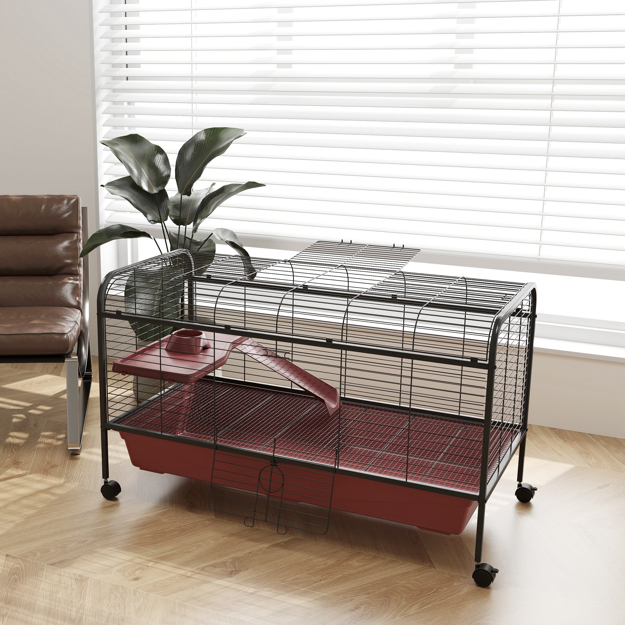 48" L Small Animal Cage, Pet Play House for Rabbit Hutch or Ferret with Feeder, Rolling Wheels, Platform, Ramp