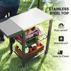 Three-Shelf Outdoor Grill Cart Table with Foldable Side Table, Stainless Steel Top Pizza Oven Stand with Hooks, Silver