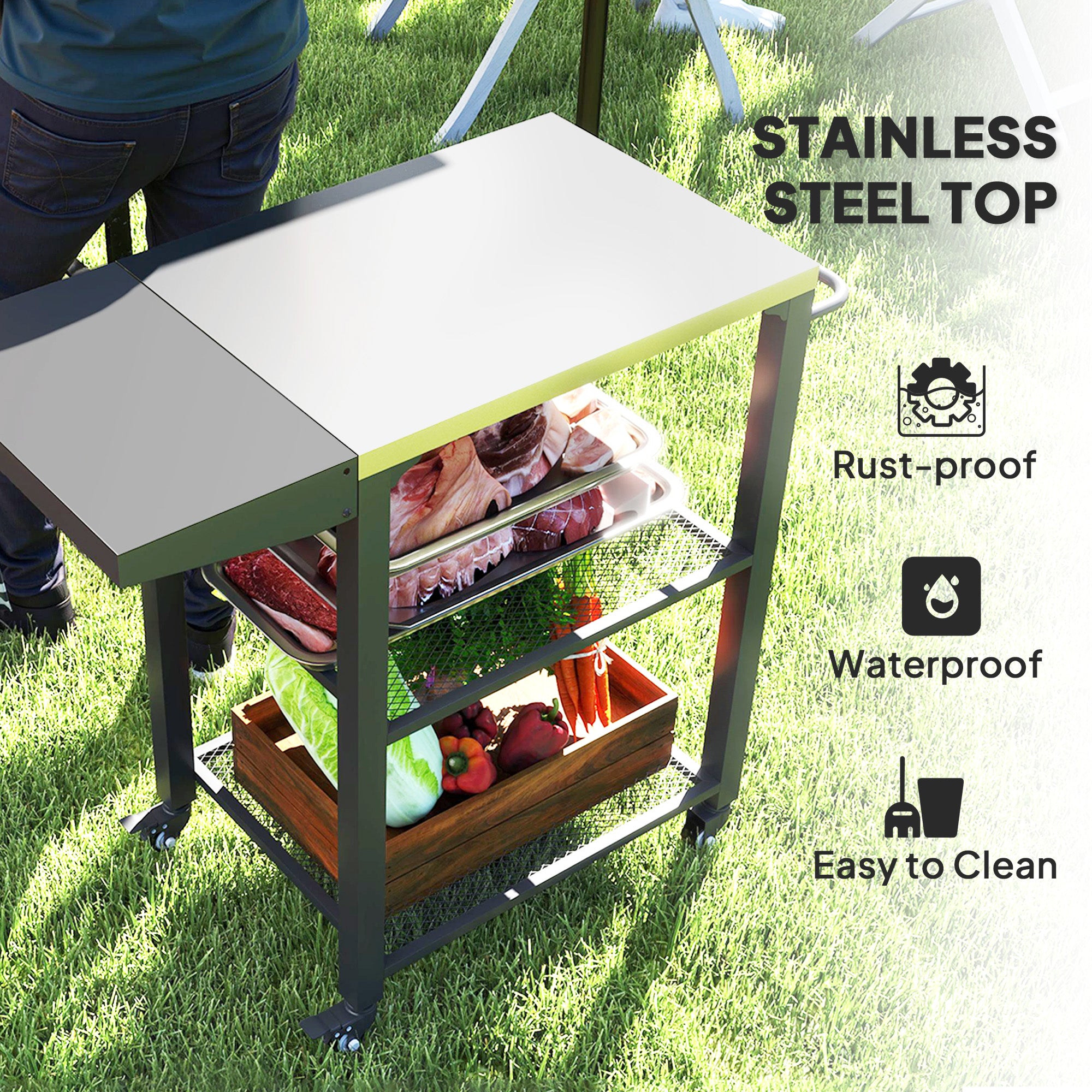 Three-Shelf Outdoor Grill Cart Table with Foldable Side Table, Stainless Steel Top Pizza Oven Stand with Hooks, Silver