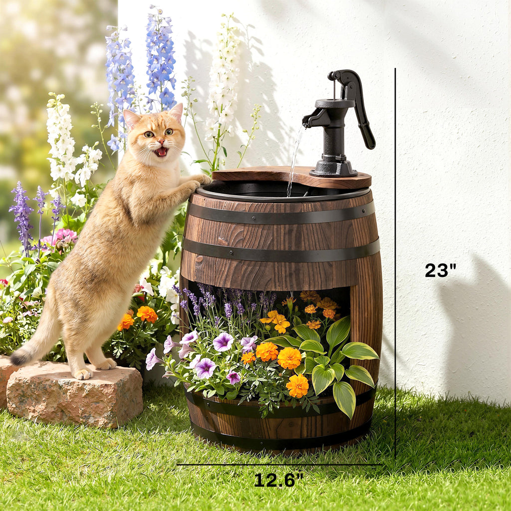 23" H Outdoor Water Fountain Wood and Plastic Rustic Apple Barrel Pump Garden Decor for Outside Backyard