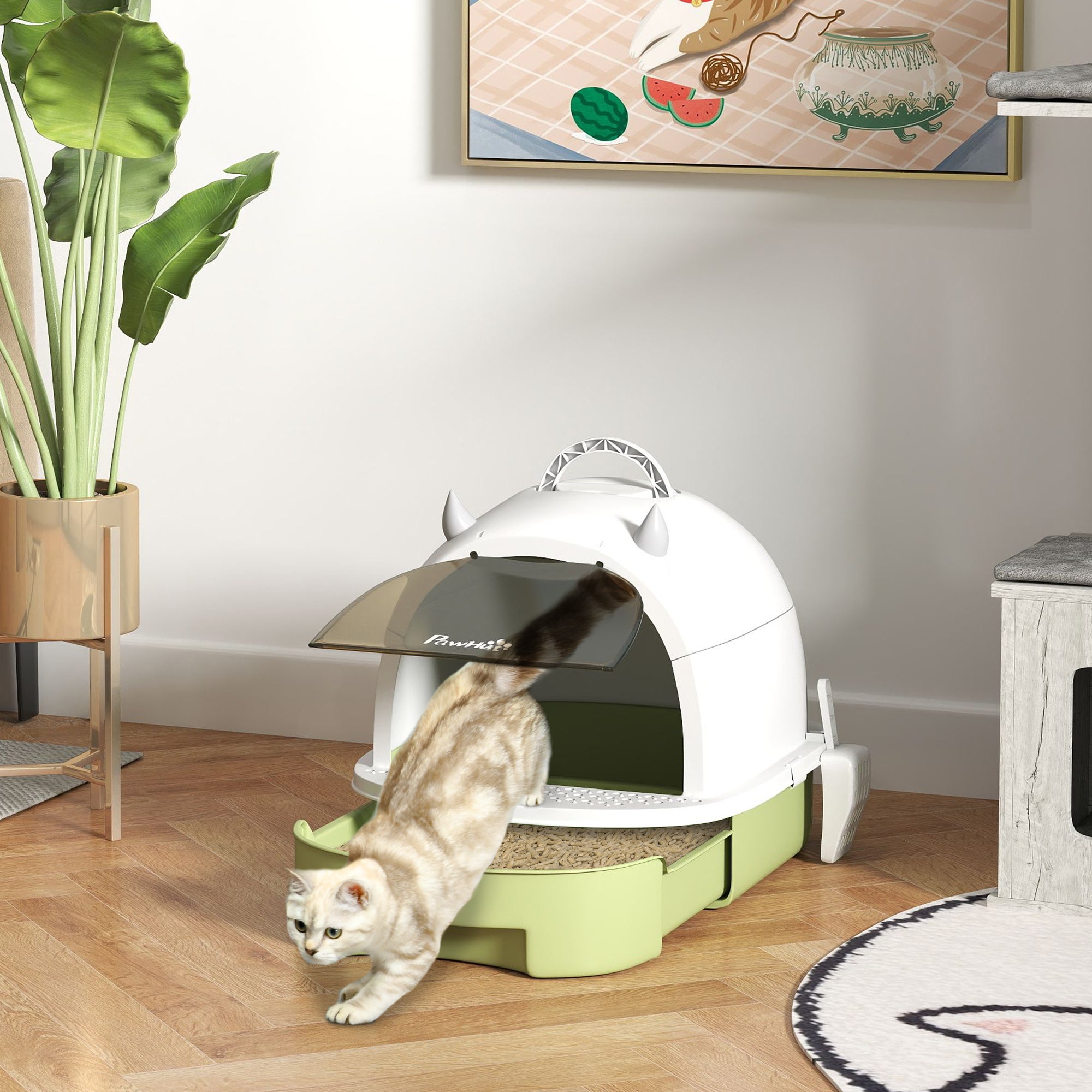 Covered Cat Litter Box with Lid, Scoop, Deodorizing Bags for Odor Control, Privacy, Easy to Clean, Green