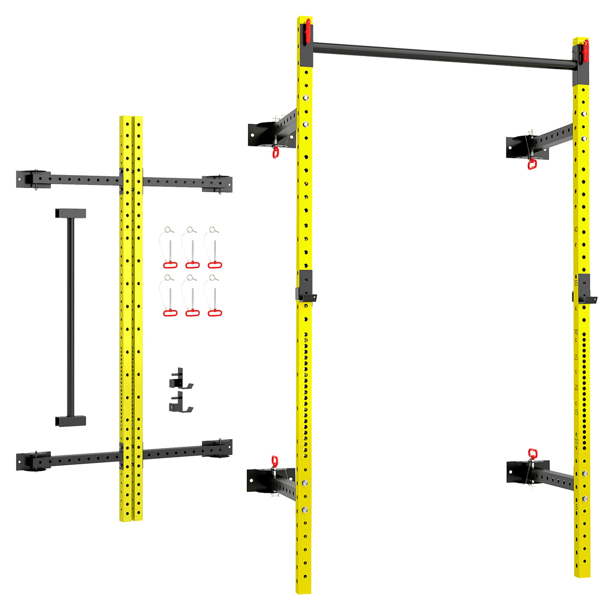 Folding Squat Rack with Pull Up Bar, Wall Mounted and Adjustable, 1000 Pounds Capacity Power Rack, Yellow