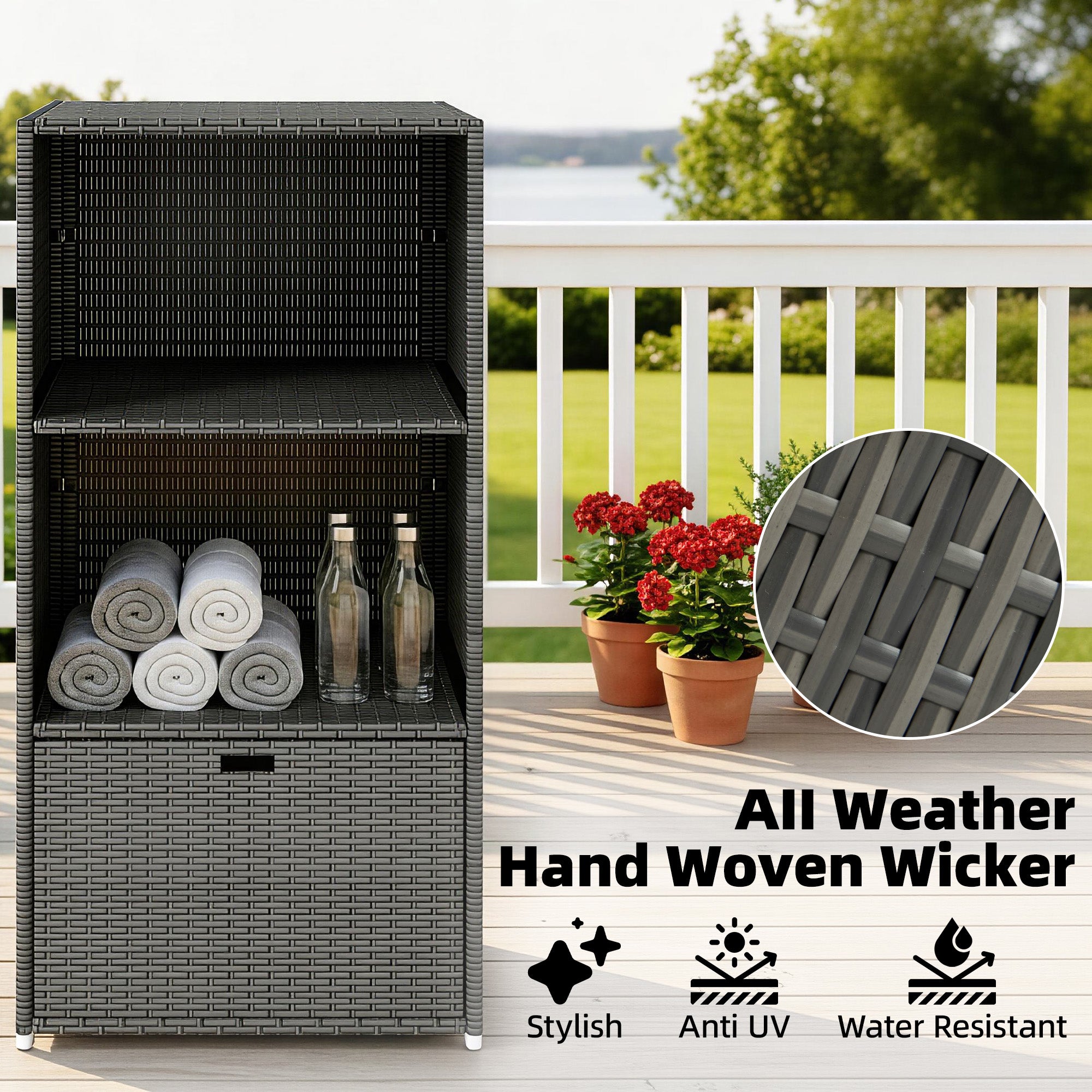 Valet Pool Towel Rack, Water-Resistant PE Plastic Rattan Wicker Storage Organizer, 2 Shelves, 1 Basket Drawer, Dark Gray