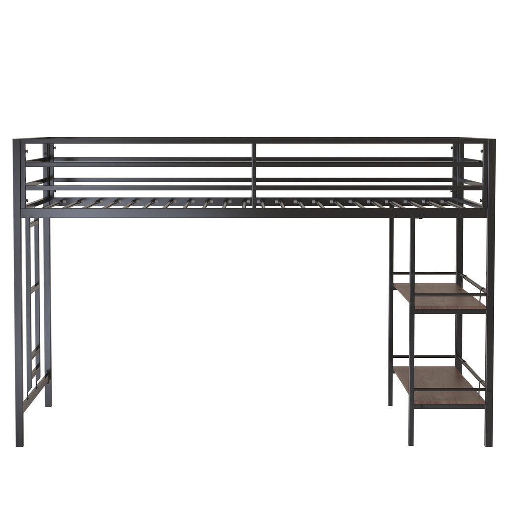 Junior Twin Loft Metal Bunk Bed Frame with Cinnamon Wood Shelf, Full-Length Guardrails, Anti-Noise Design, Easy Assembly, 76.69″ L x 40.94″ W x 49.49″ H, Black