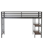 Junior Twin Loft Metal Bunk Bed Frame with Cinnamon Wood Shelf, Full-Length Guardrails, Anti-Noise Design, Easy Assembly, 76.69″ L x 40.94″ W x 49.49″ H, Black