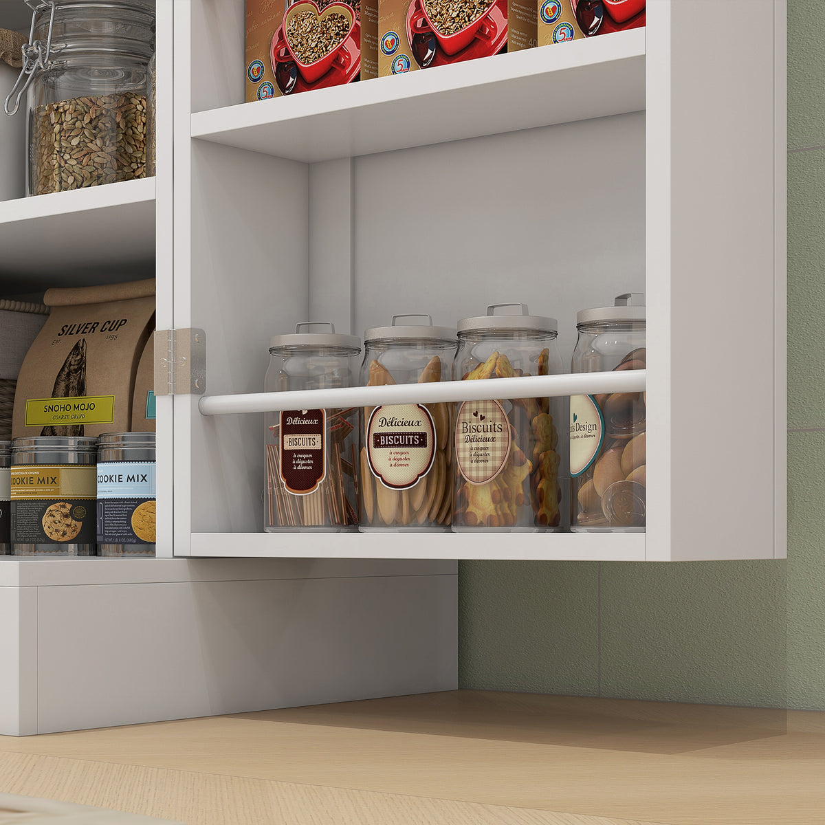 65" Kitchen Cabinet, Kitchen Pantry Cabinet with 4 Doors and 16 Door Shelves for Dining Room, White