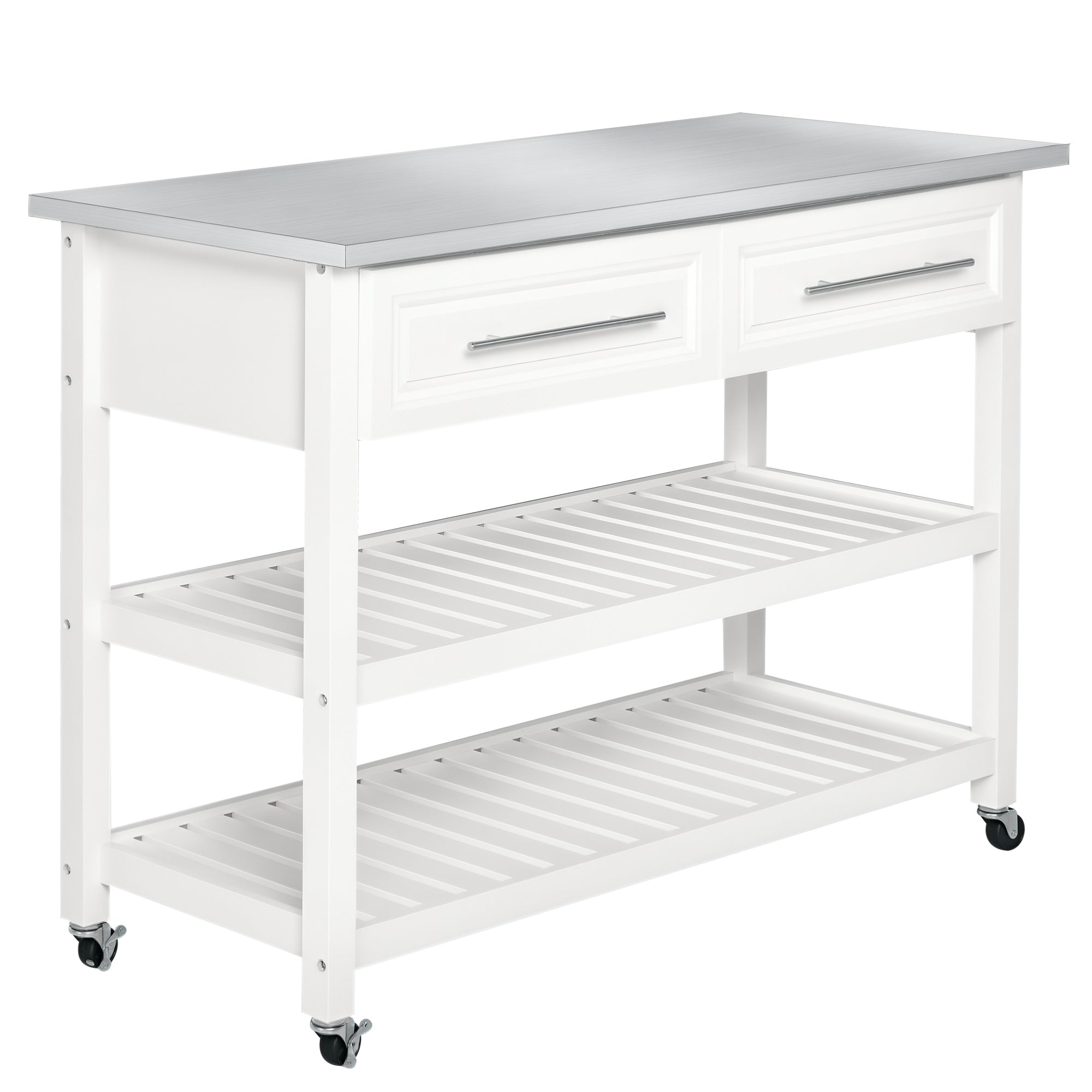 Kitchen Island with Stainless Steel Top, Traditional Kitchen Island with Storage, Butcher Block Cart 2-Tier Open Shelves, Drawers, White