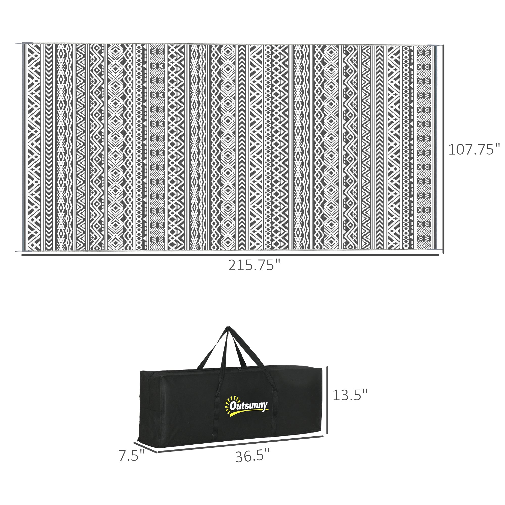 Reversible Outdoor Rug Carpet RV Camping Rugs with Carry Bag, 9' x 18', Gray & Cream White Boho