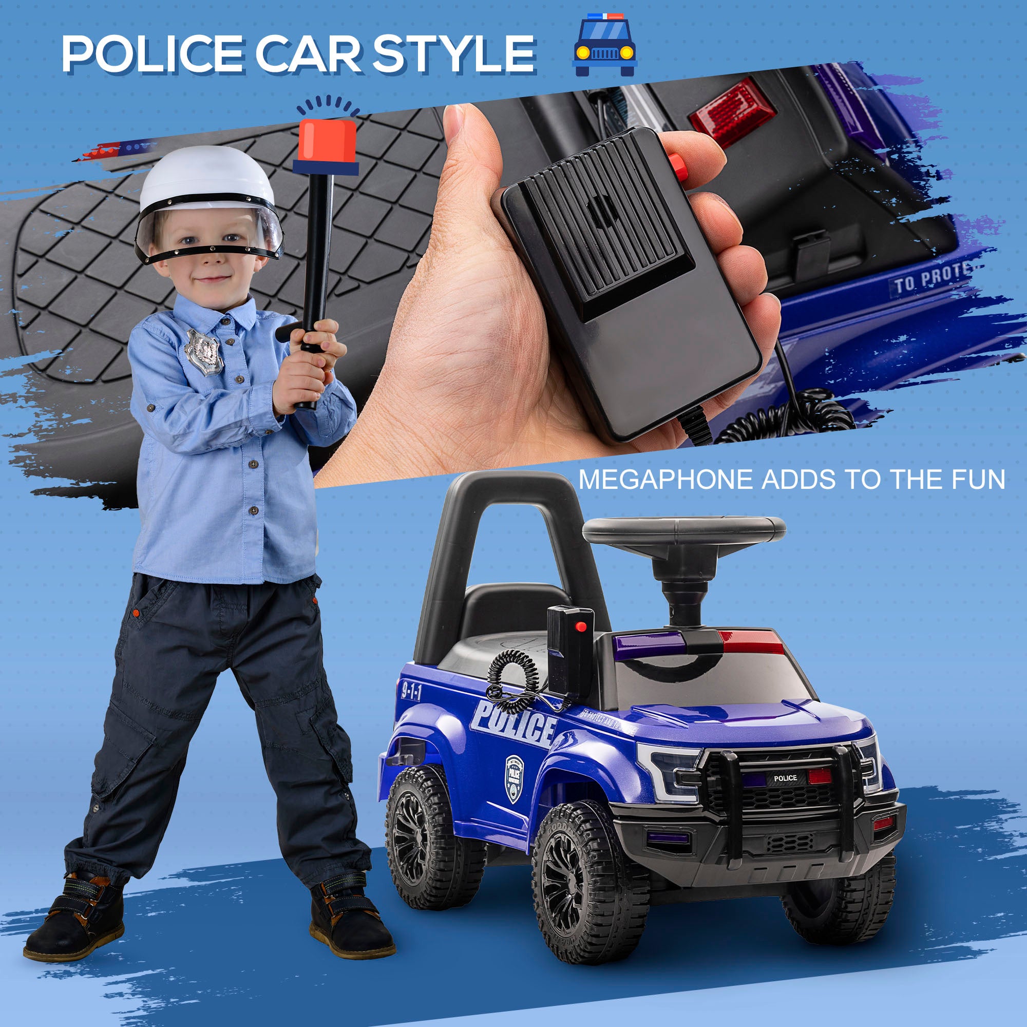 Kids Push Ride On Car with Working PA System and Horn, Police Truck Style Foot-to-Floor Sliding Car for Boys and Girls with Under-Seat Storage, for 18 Months to 5 Years Old, Blue