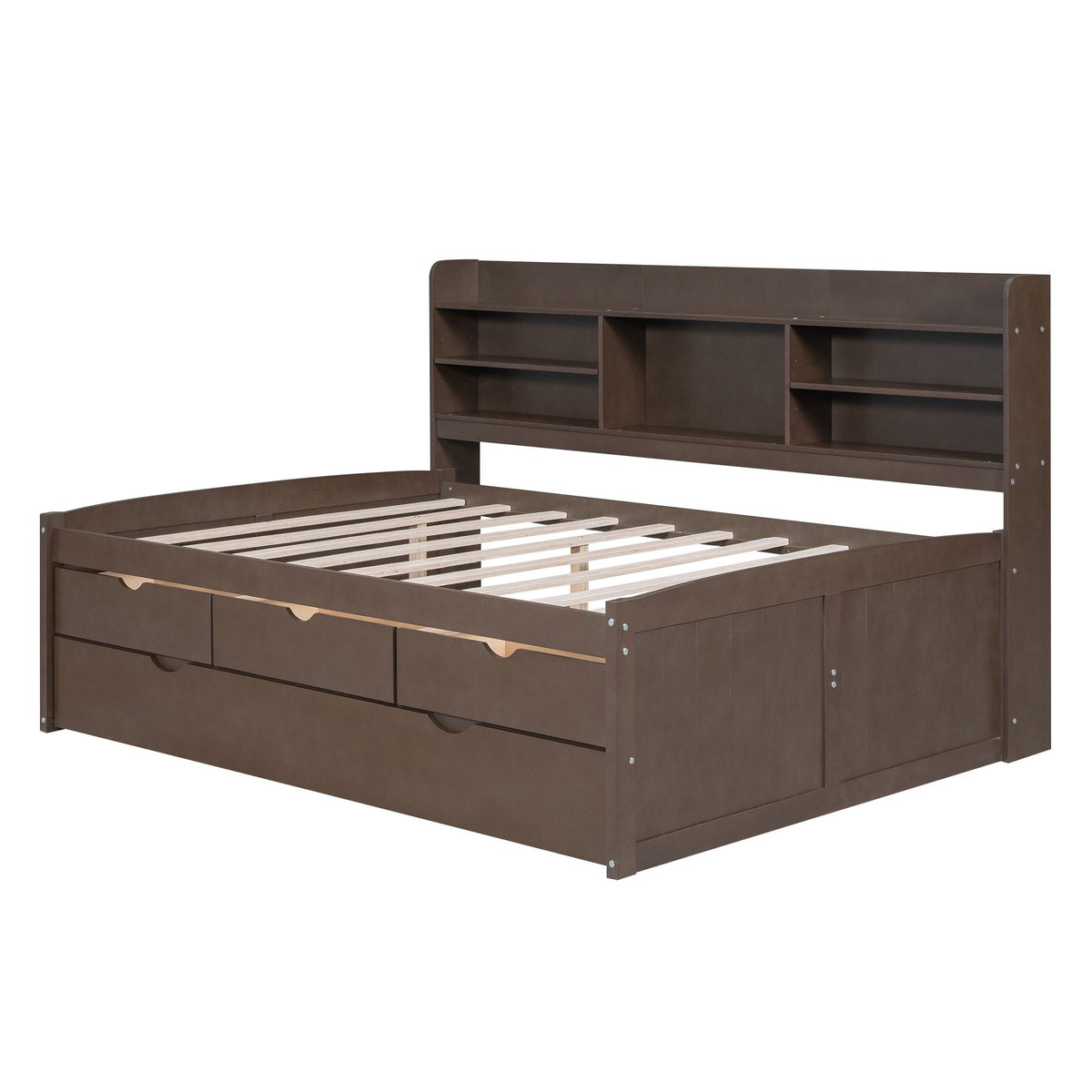 Classic Style Full Size Wooden Captain Bed with Built-in Bookshelves, 3 Storage Drawers, Trundle, 79" L x 104.5" W x 47" H, Antique Gray