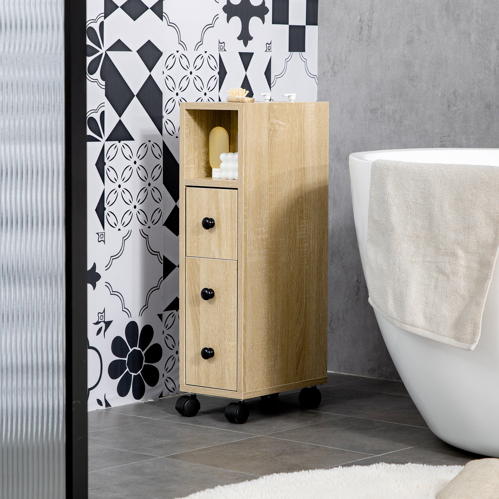 Freestanding Compact Design Bathroom Cabinet with 2 Open Cabinets, 1 Door Cabinet, 1 Drawer and 4 Rolling Wheels, Oak Grain Color
