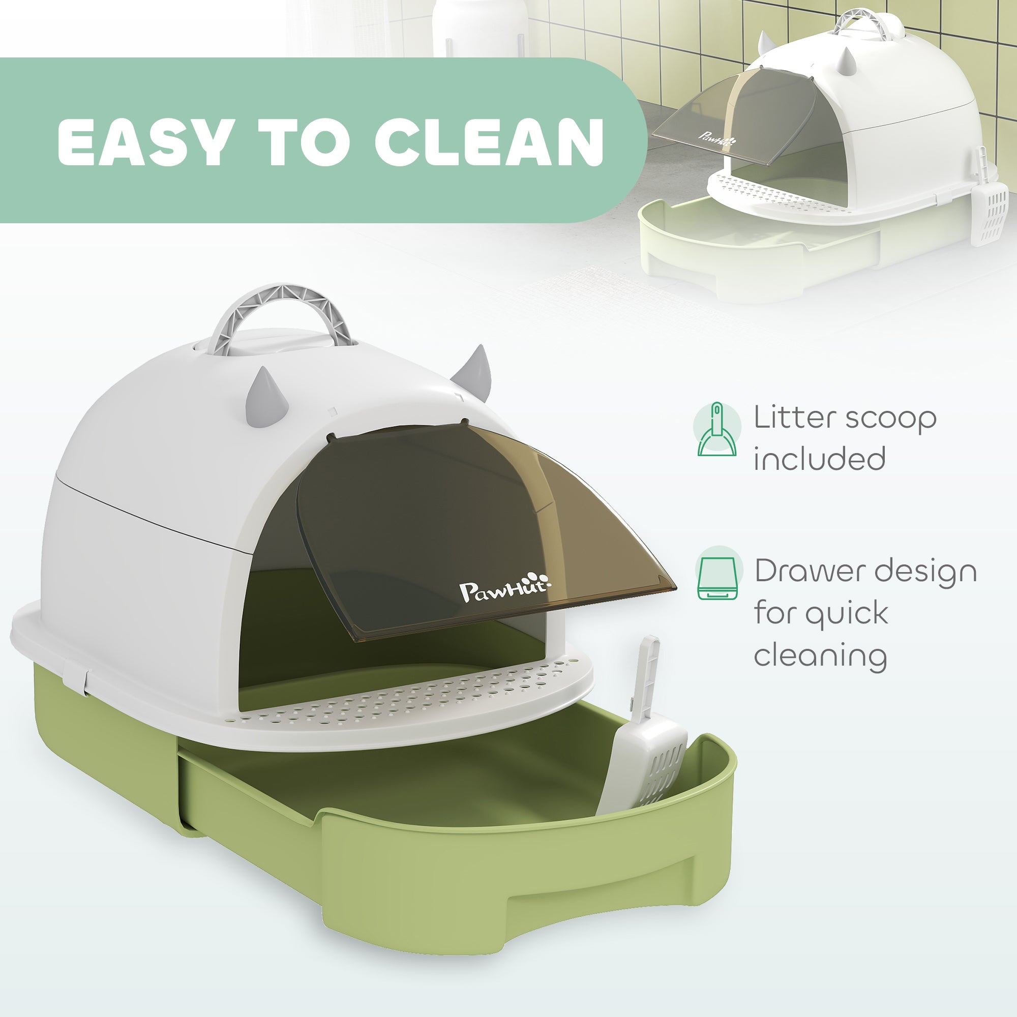 Covered Cat Litter Box with Lid, Scoop, Deodorizing Bags for Odor Control, Privacy, Easy to Clean, Green