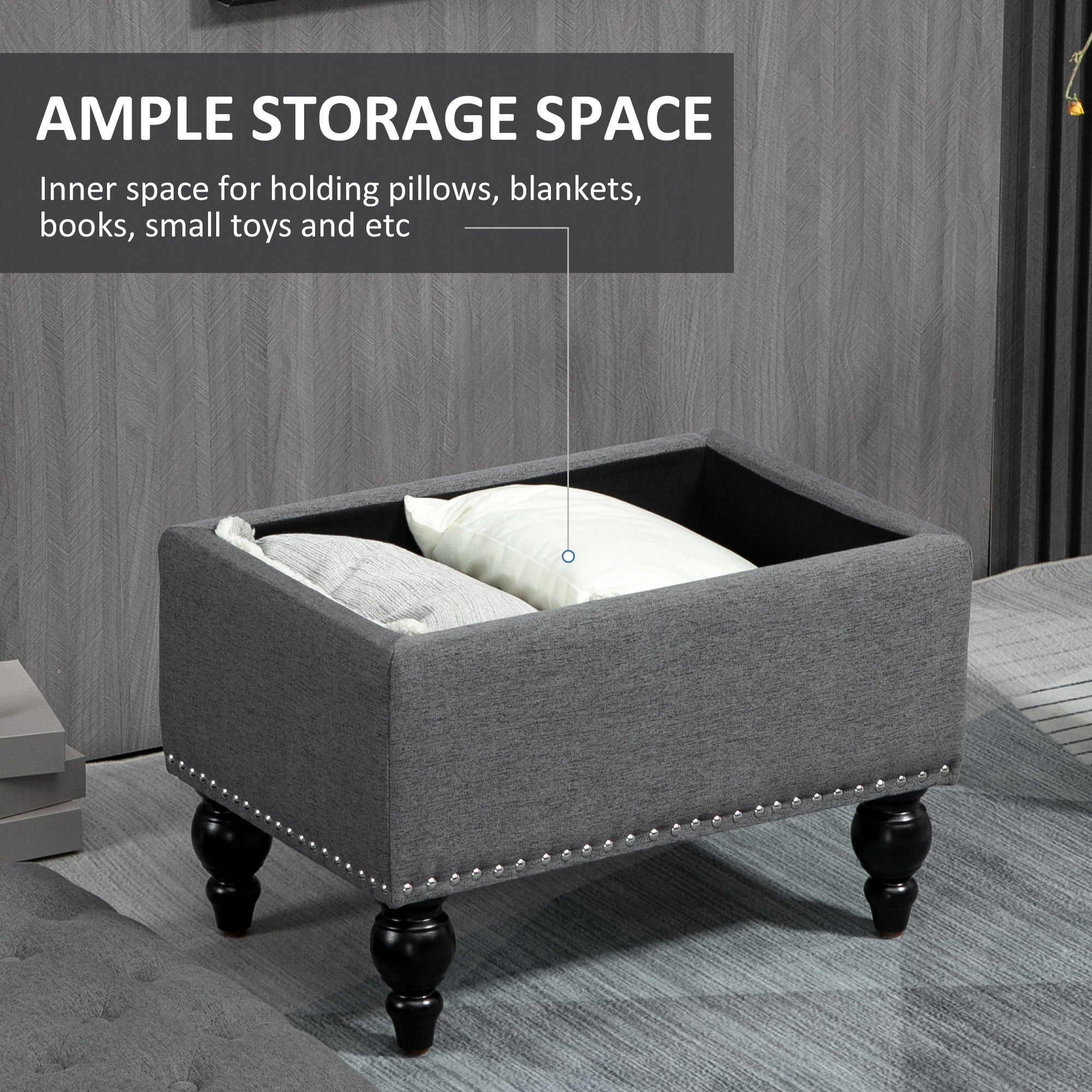 Ottoman with Storage for Living Room, 25" Storage Ottoman with Removable Lid, Button-Tufted Fabric Bench for Footrest and Seat with Wood Legs, Gray